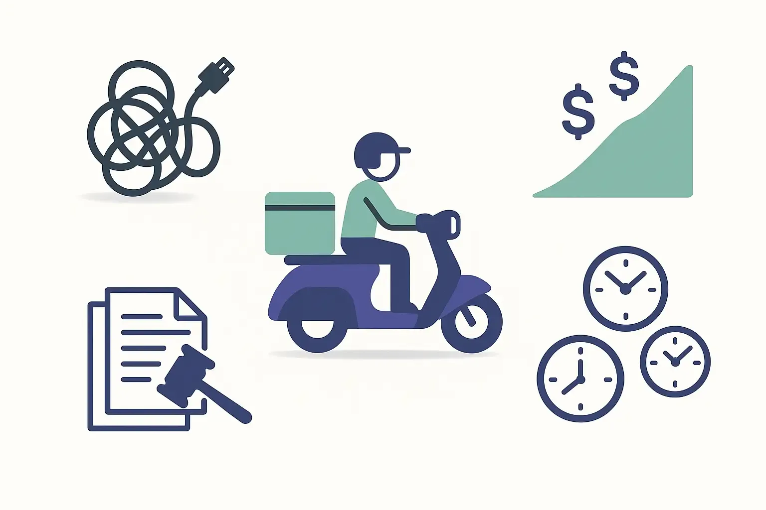 Minimal Notion-style illustration of food delivery app challenges: cables, slope with money, legal docs, clocks, central icon.