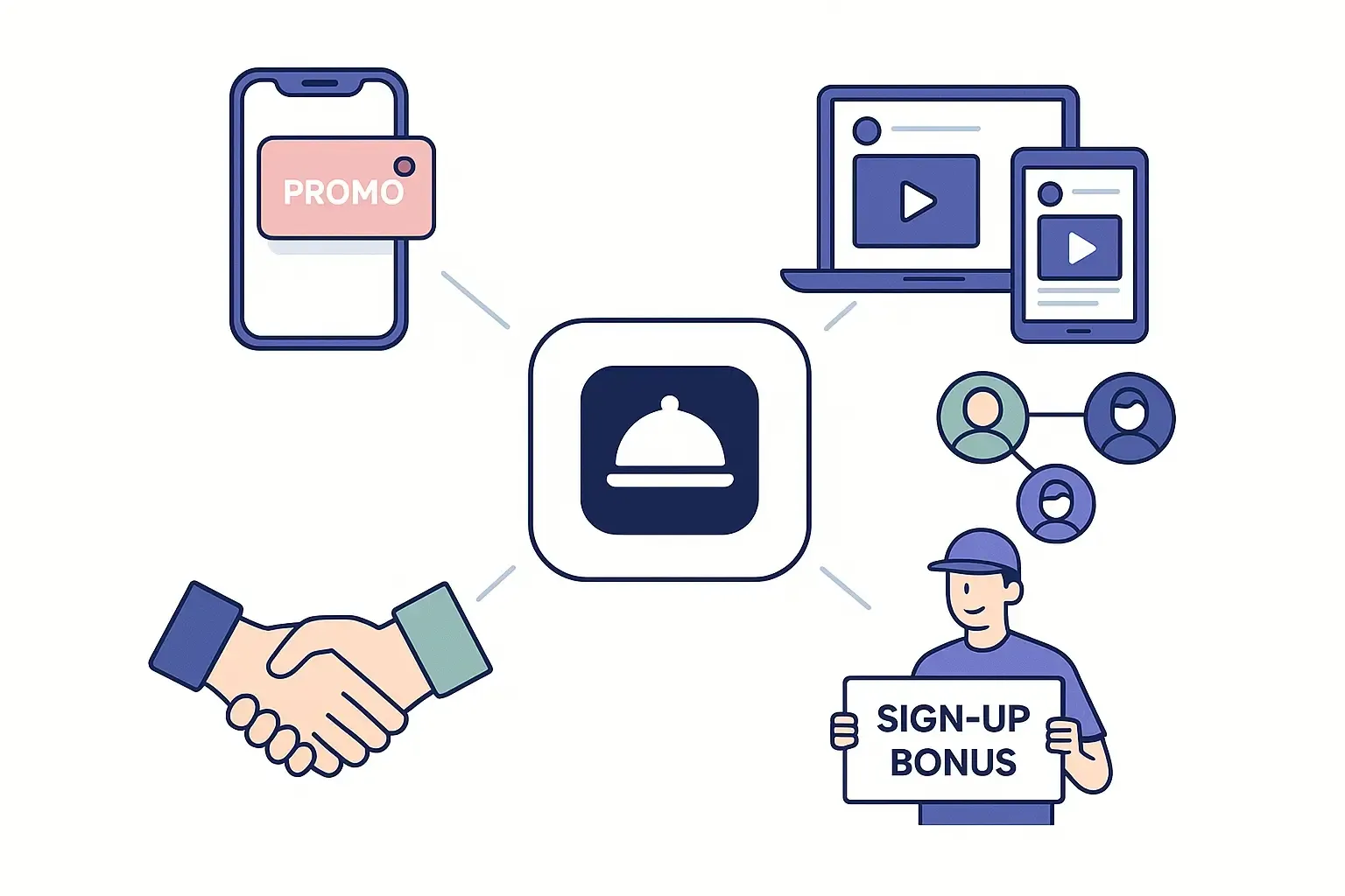Minimalistic illustration of multi-channel marketing efforts all directing towards a central food delivery app logo.