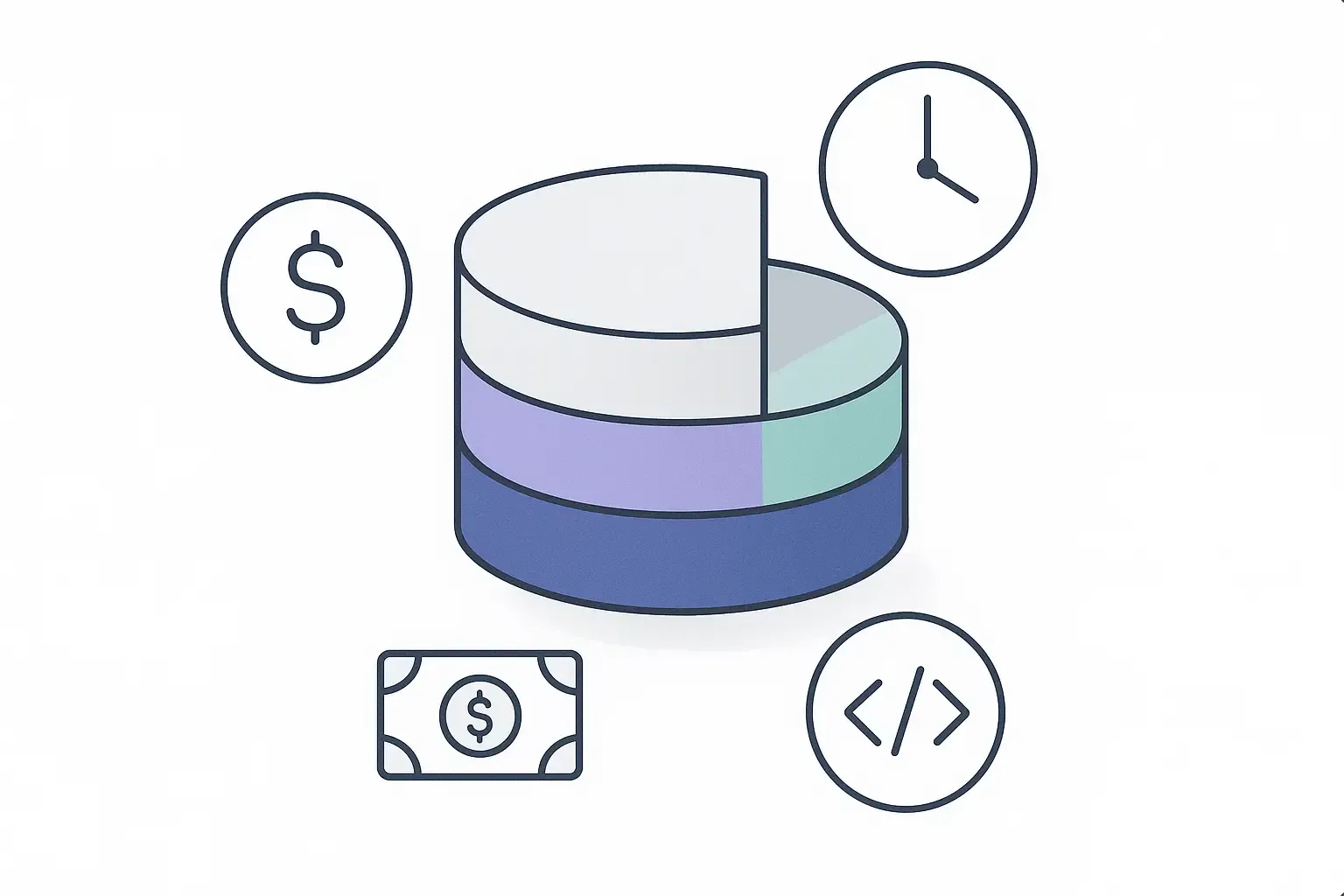 Minimal Notion-style chart illustrating food delivery app development cost breakdown by stage with budget, time, code icons.