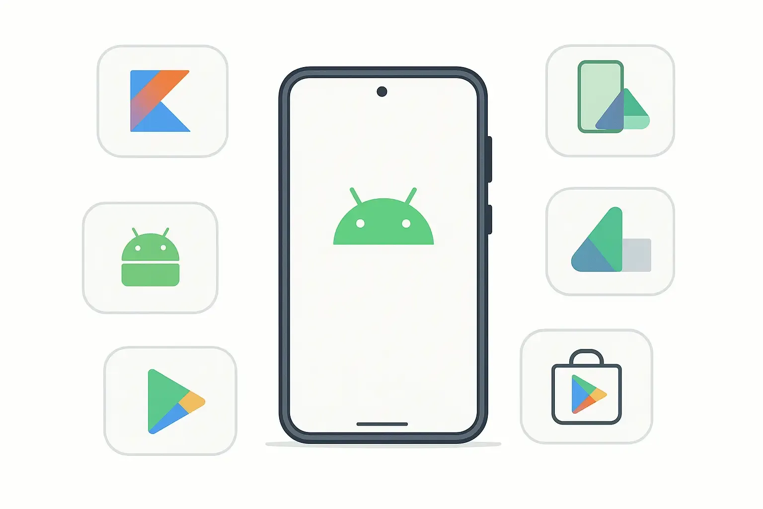 Minimal Notion-style illustration of Android phone with icons for Kotlin, device diversity, Material Design, Google features, distribution.