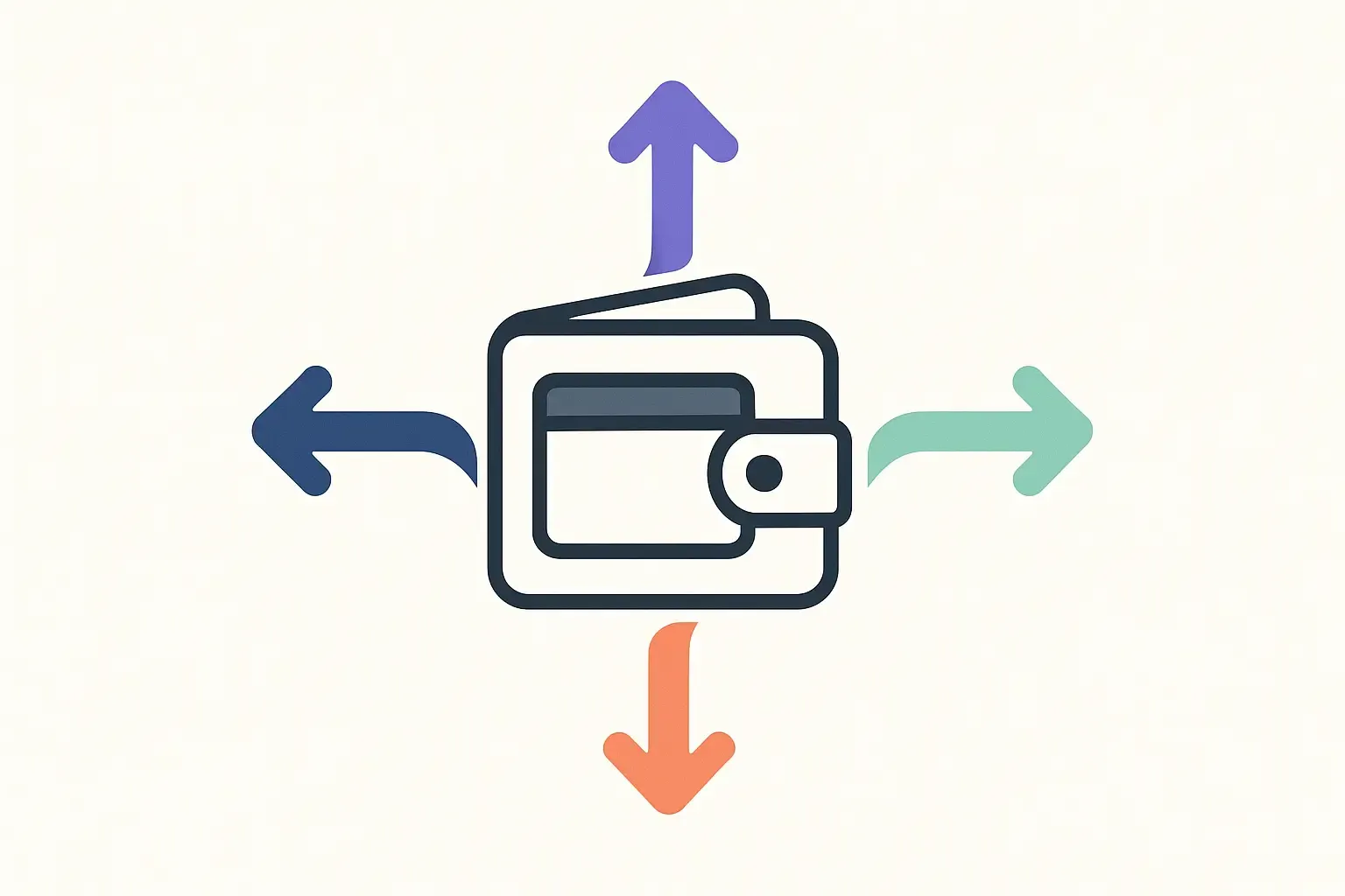 Minimalist illustration of a wallet app with four colored arrows flowing in, symbolizing main revenue streams.