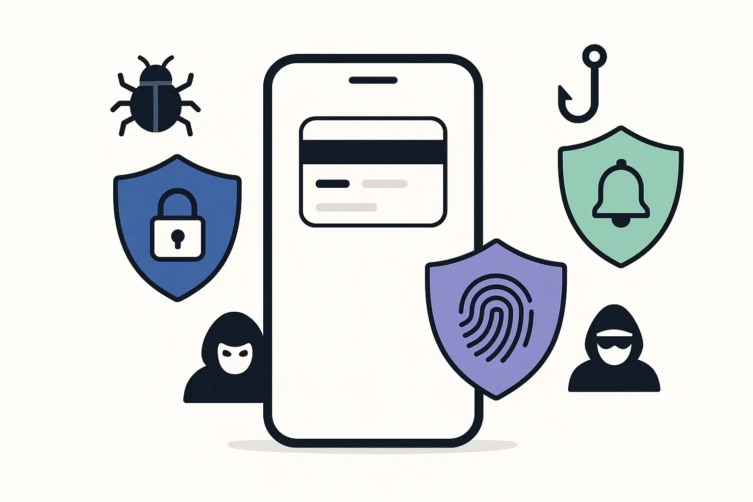 Minimal Notion-style image of a phone wallet app protected by encryption, biometrics, and alert shields from cyber threats.
