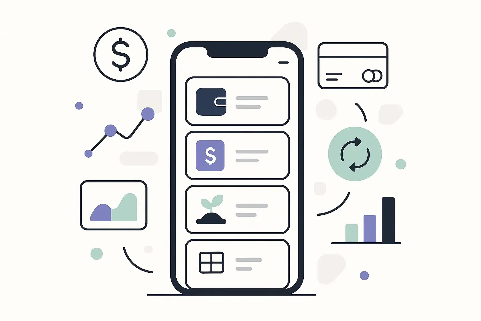 Minimal Notion-style illustration of a mobile wallet app on a smartphone, surrounded by digital finance ecosystem icons.
