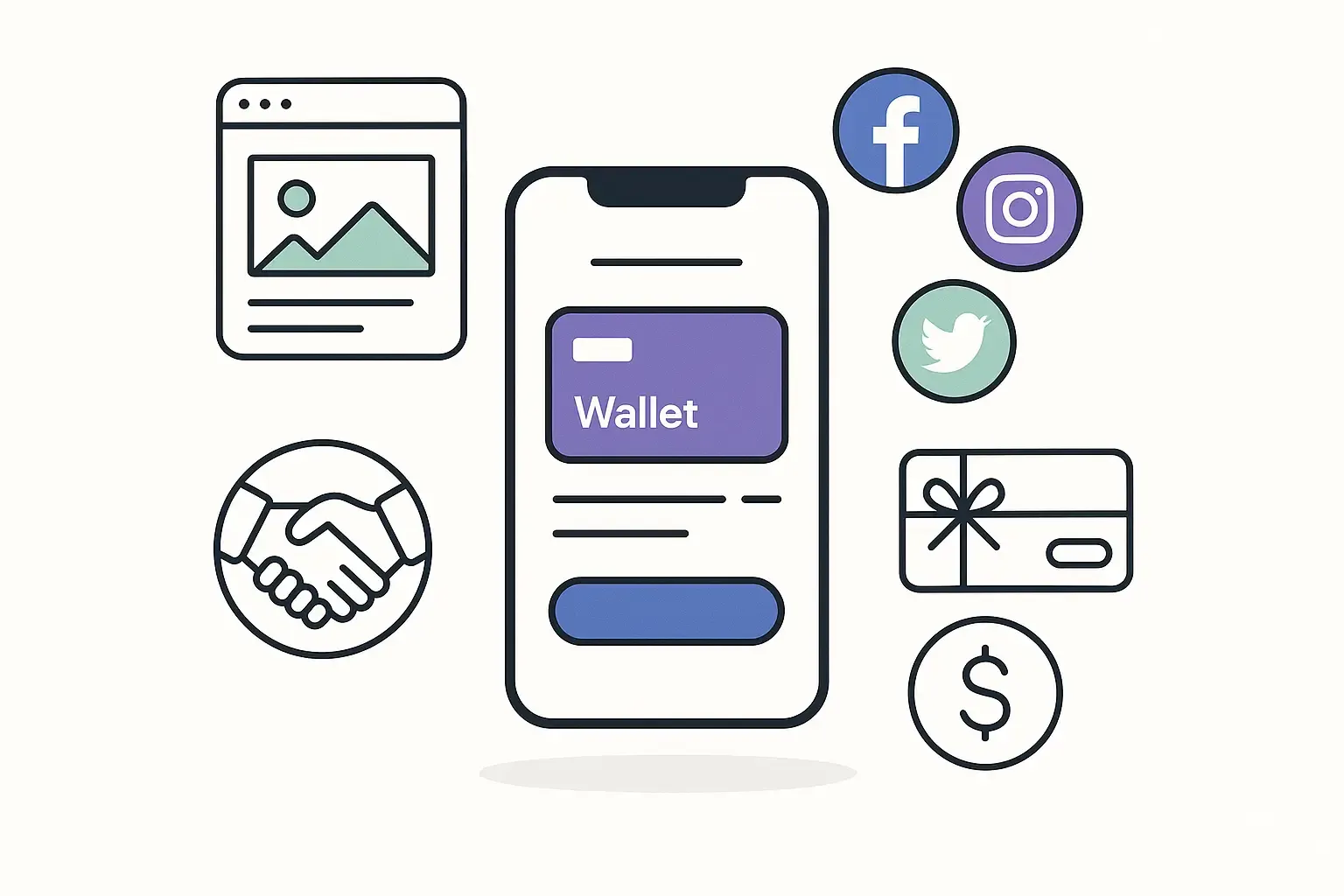 Minimal illustration of a mobile wallet app surrounded by marketing icons: landing page, handshake, social media, gift card, cashback.