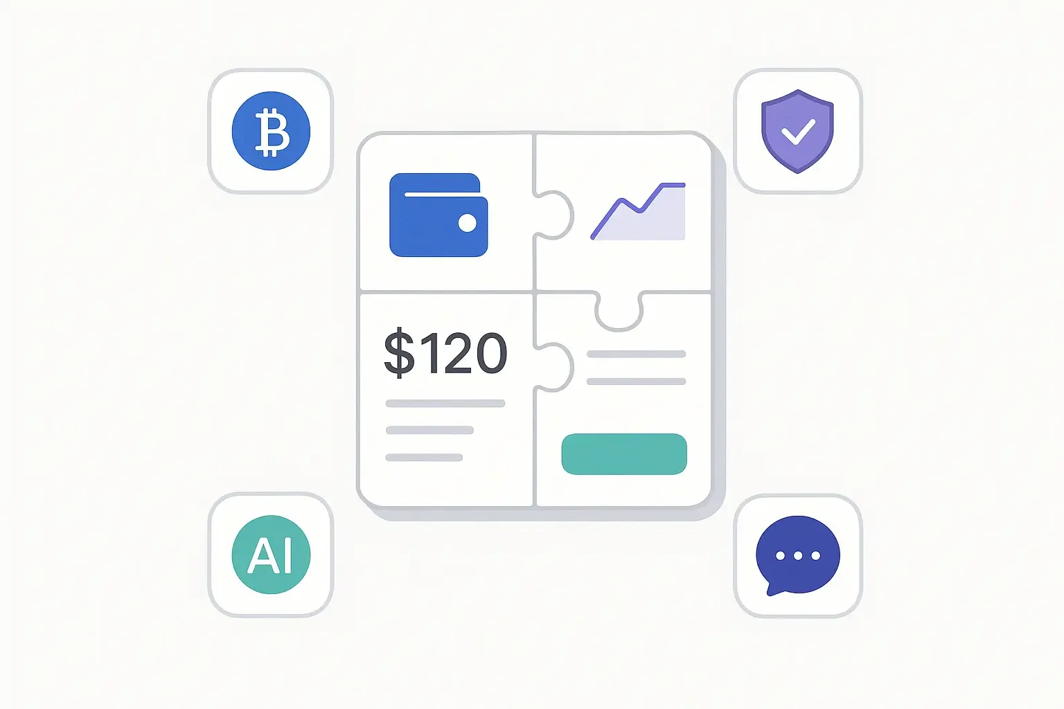 Minimal illustration of a modular wallet app with puzzle blocks, surrounded by icons for crypto, security, AI, and feedback.
