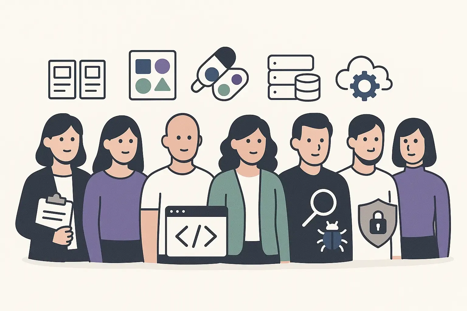 Minimal Notion-style team illustration showing roles in wallet app development with symbols for design, code, QA, and security.
