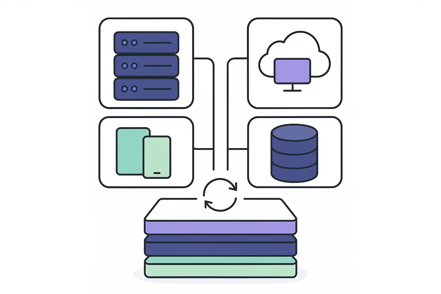 Minimal Notion-style schematic of software testing infrastructure with servers, clouds, device labs, and CI/CD icons.