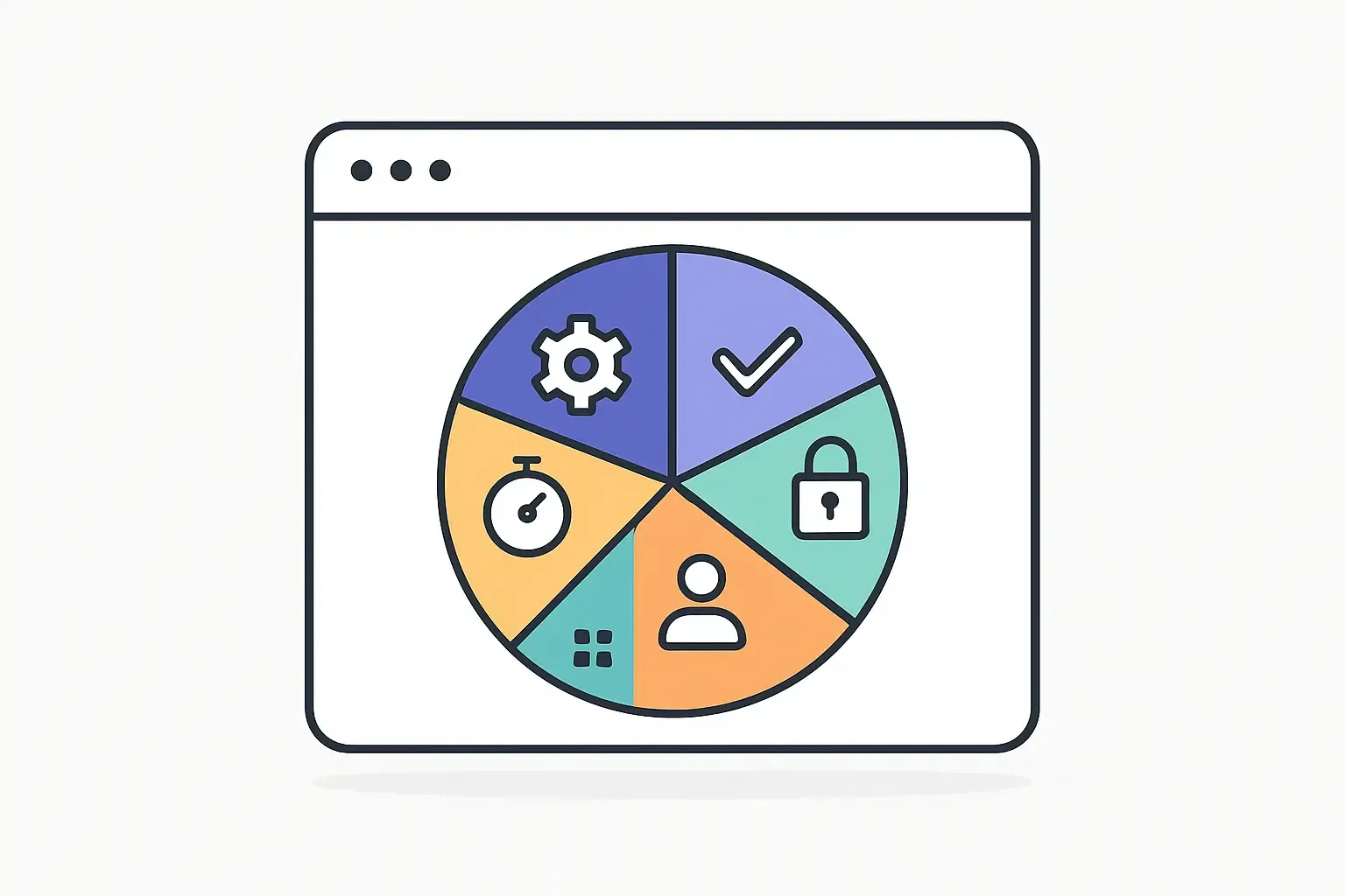 Minimal Notion-style illustration showing six color-coded sections for software testing dimensions with clear icons.