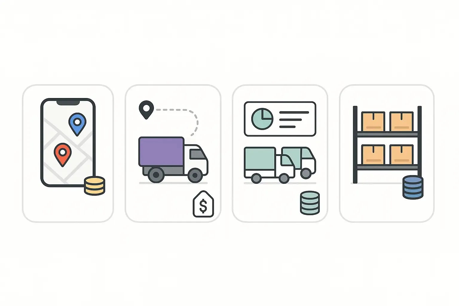 Minimal icons of logistics app types, each with a visual cost tag: mobile, trucking, fleet, and warehouse management.