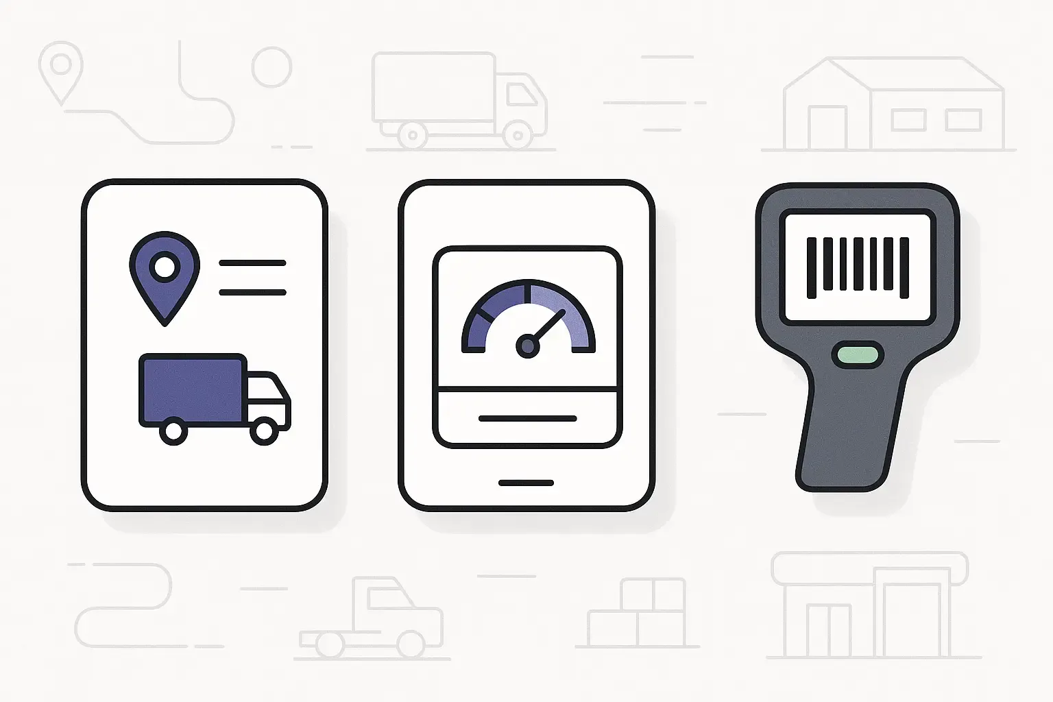 Three logistics app UIs—freight matching, fleet dashboard, warehouse scanner—on a subtle background of routes and trucks.
