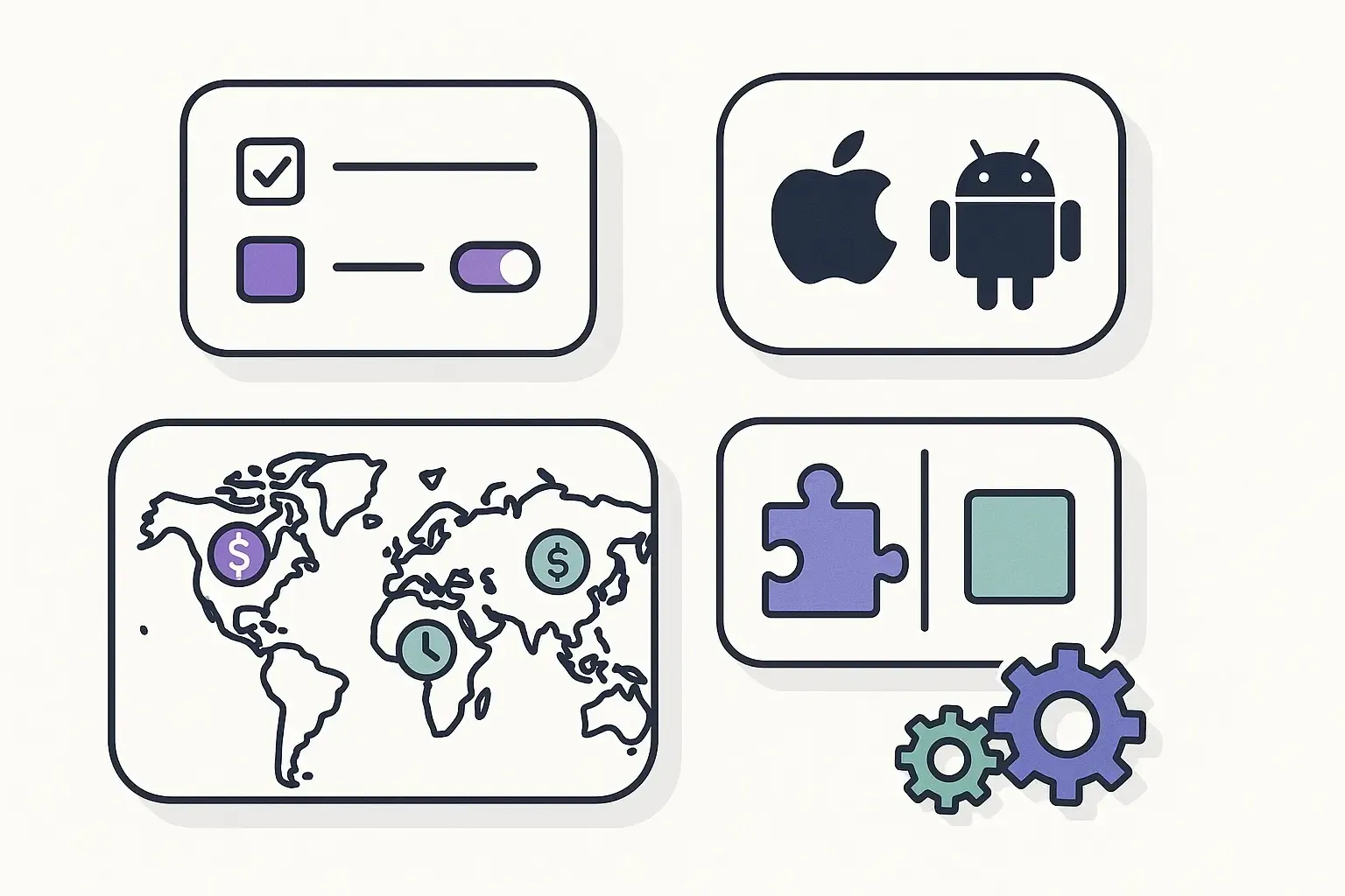 Minimal collage showing logistics app cost factors: feature icons, iOS/Android, world map with rates, custom vs. generic, gears.