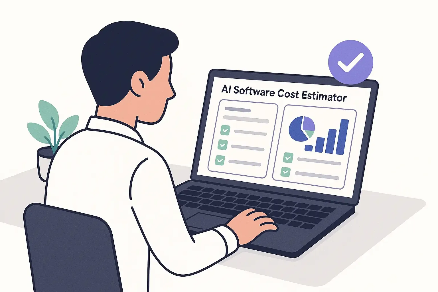Business user at desk using AI cost estimator on laptop, with checklist and charts, in a clean minimal tech illustration.