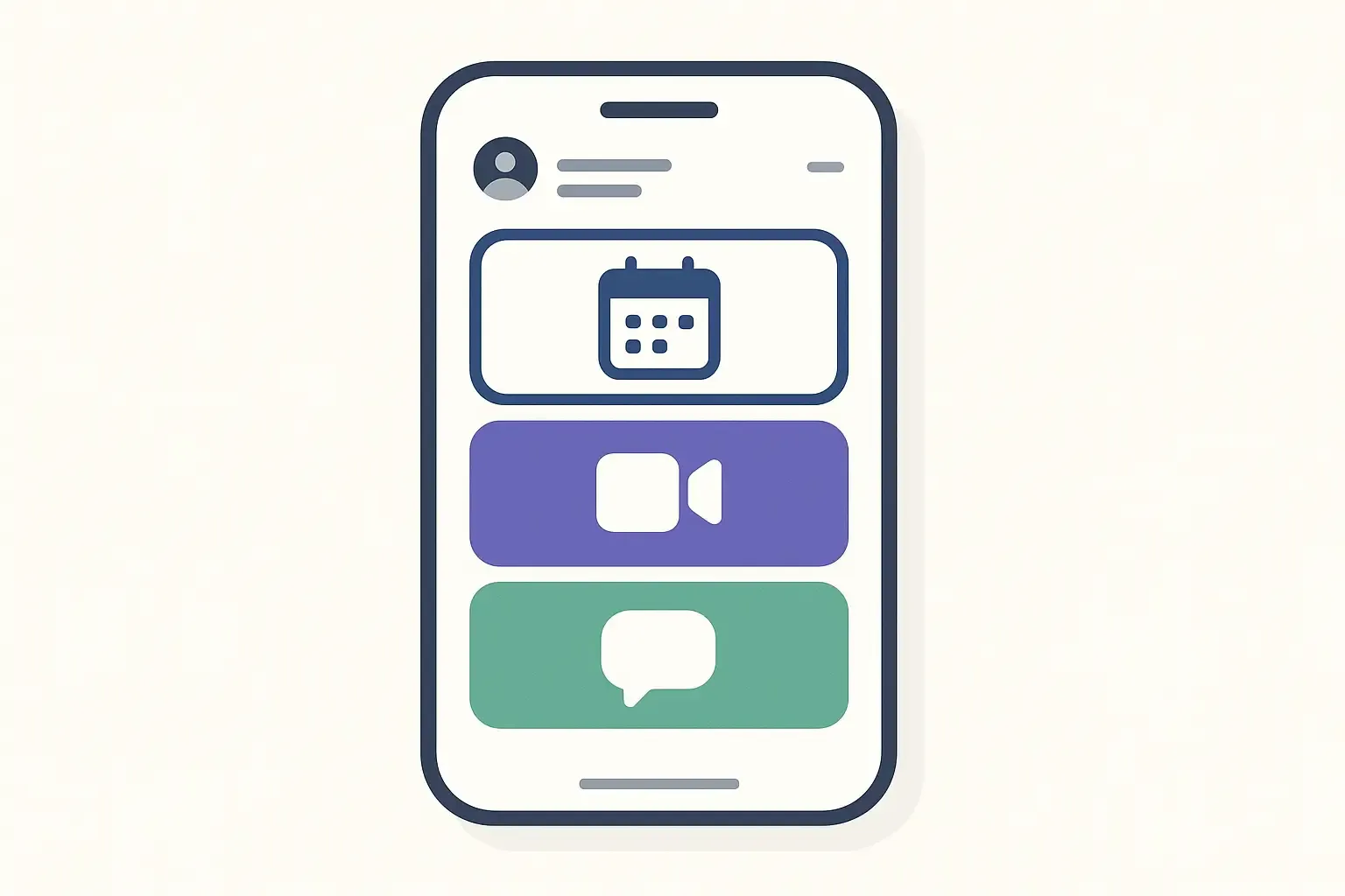 Minimal Notion-style illustration of a mobile telemedicine app UI with big buttons for scheduling, video call, and messaging.