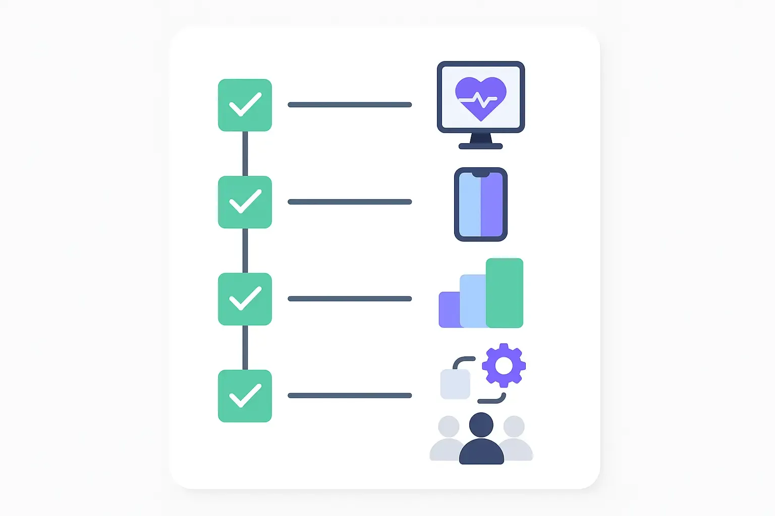 Minimal Notion-style checklist and flowchart of telemedicine app cost optimization strategies with tech icons.