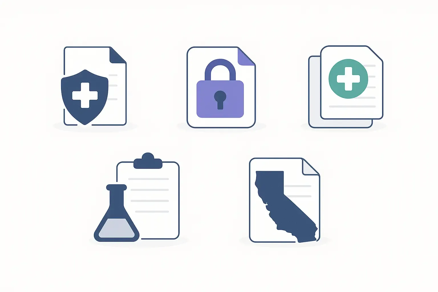 Minimal Notion-style icon set for HIPAA, GDPR, HITECH, FDA, state regulations, layered to show telemedicine compliance.