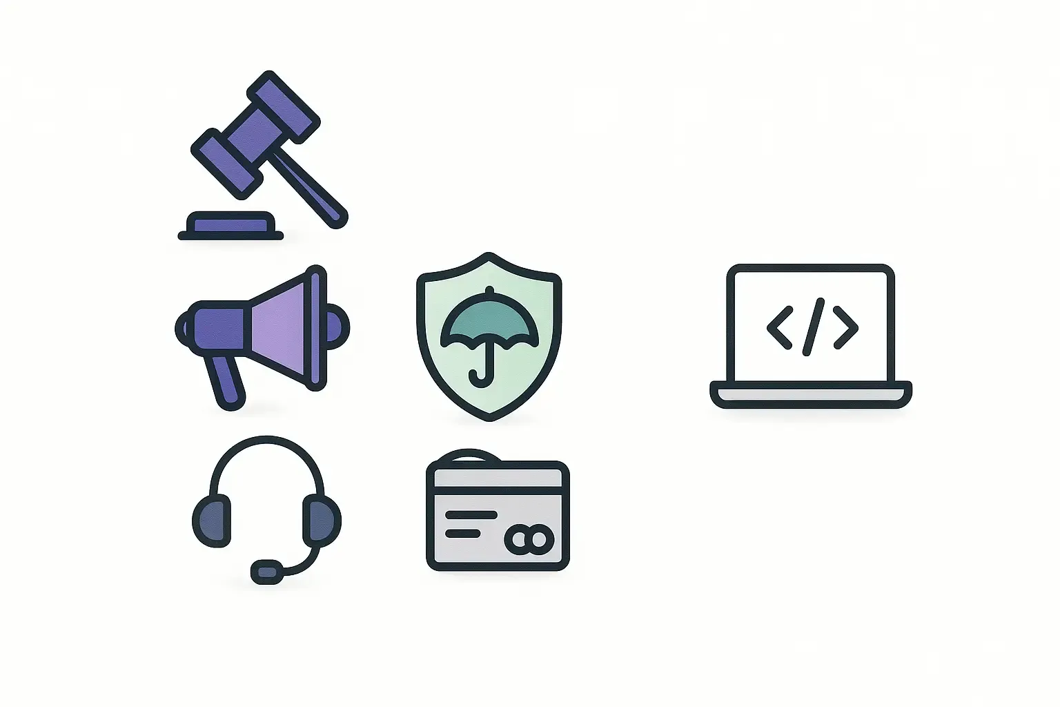 Minimal Notion-style icons listing hidden startup costs: consulting, marketing, insurance, fees, support, apart from core dev.