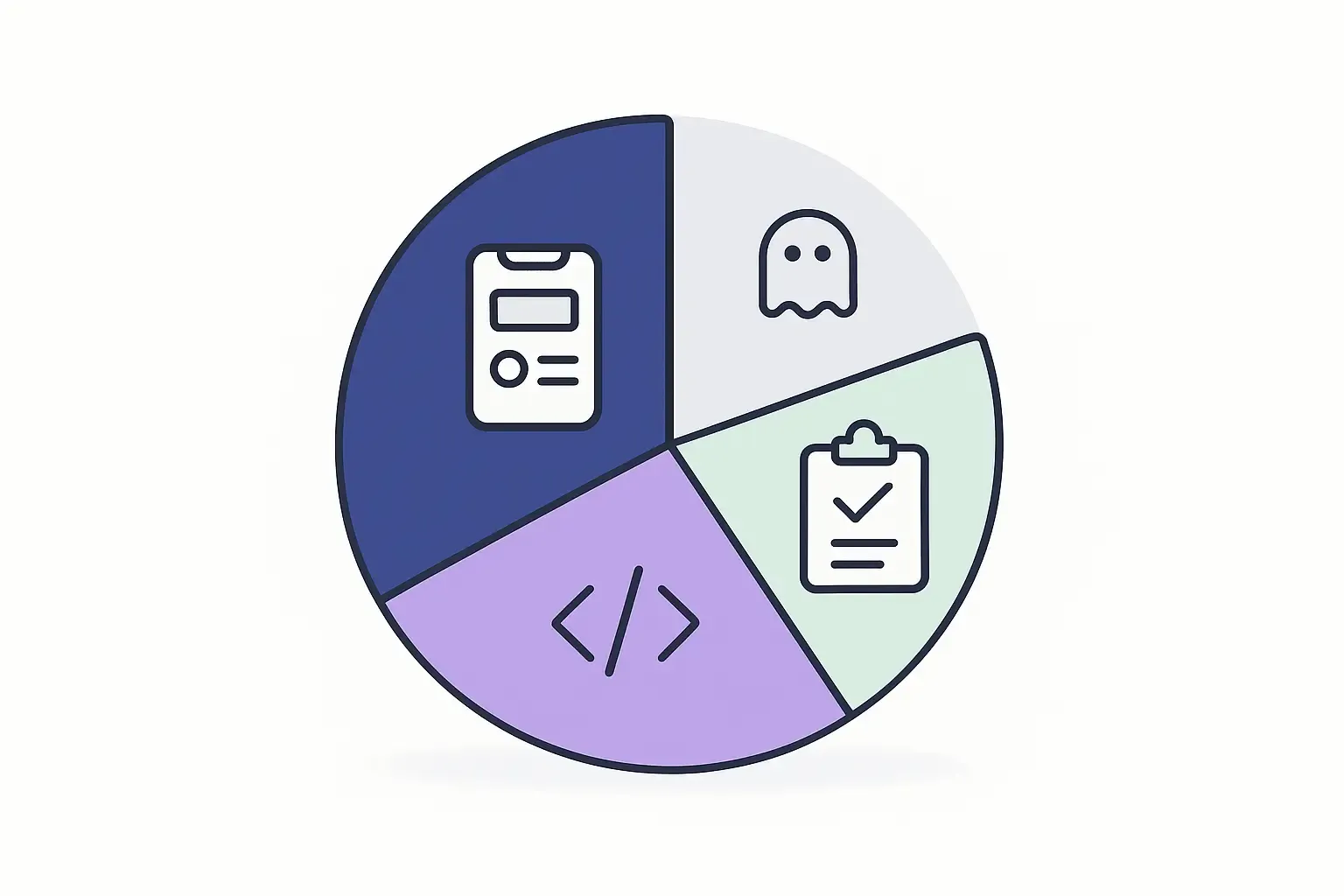 Minimal Notion-style pie chart showing app cost breakdown with icons for design, development, testing, and hidden fees.