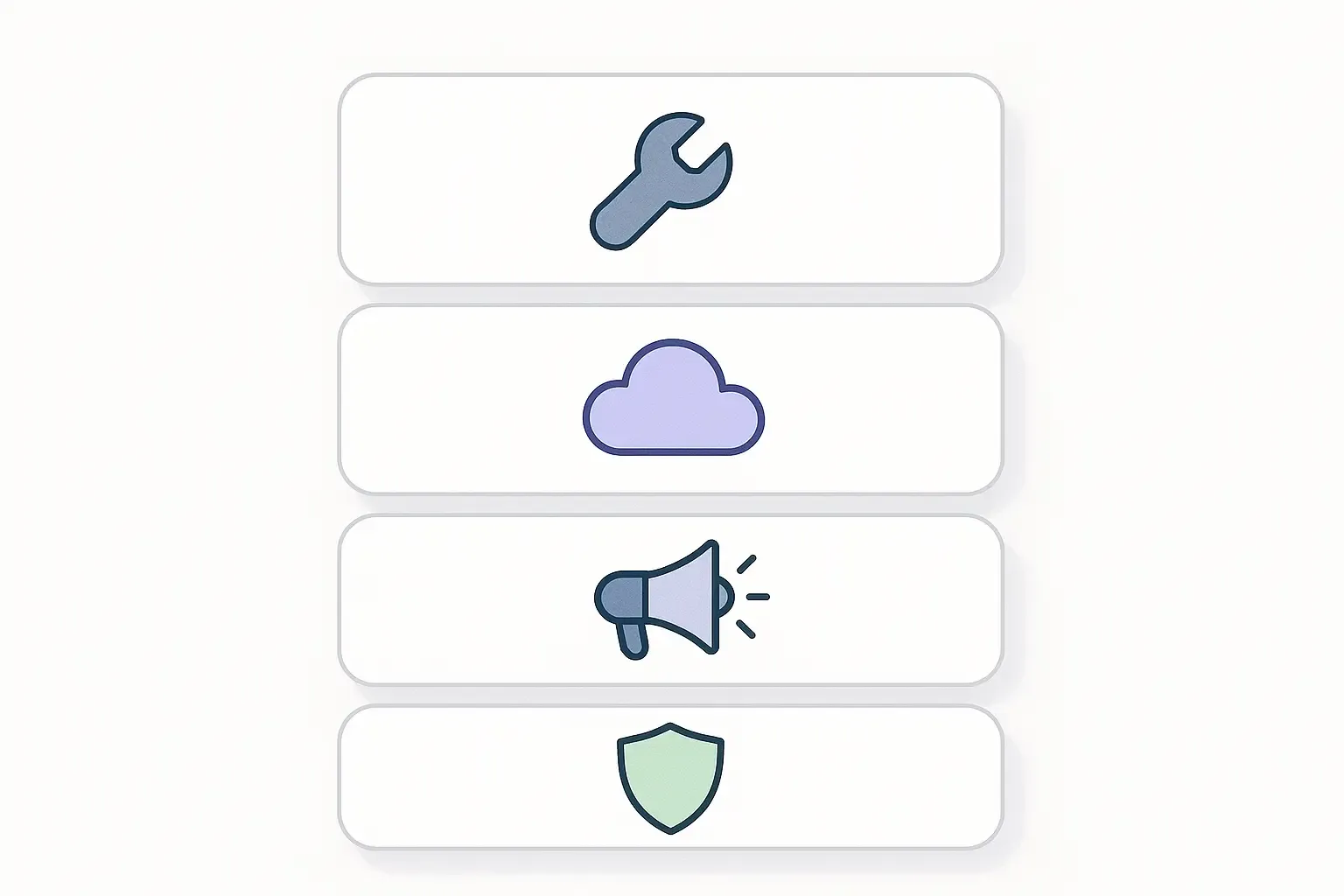 Minimal Notion-style layered icons showing restaurant app costs: wrench, cloud, megaphone, shield on light background.