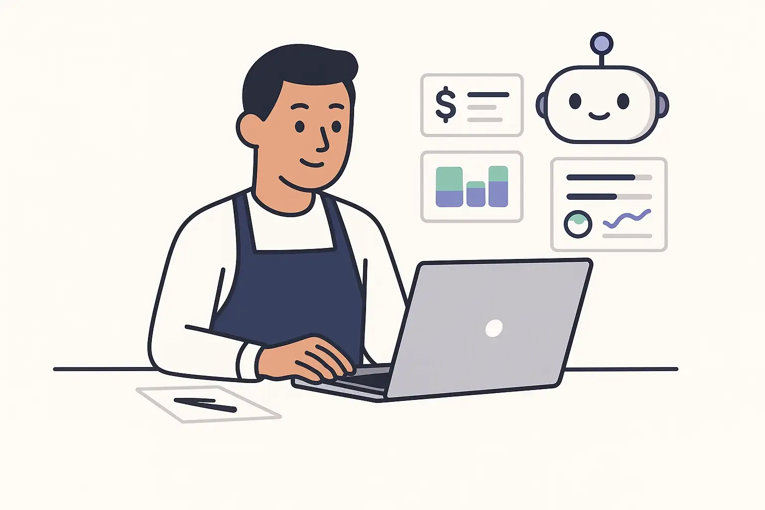 Restaurant owner uses laptop with AI cost estimator, sliders, checklists, and bot showing estimate breakdown in clean style.