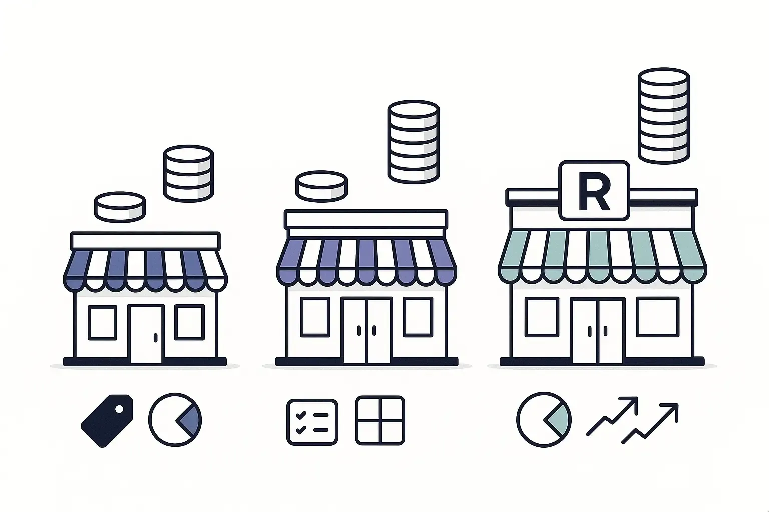 Three restaurant storefront icons with rising coin stacks and infographic symbols for app cost, features, ROI, in a clean style.