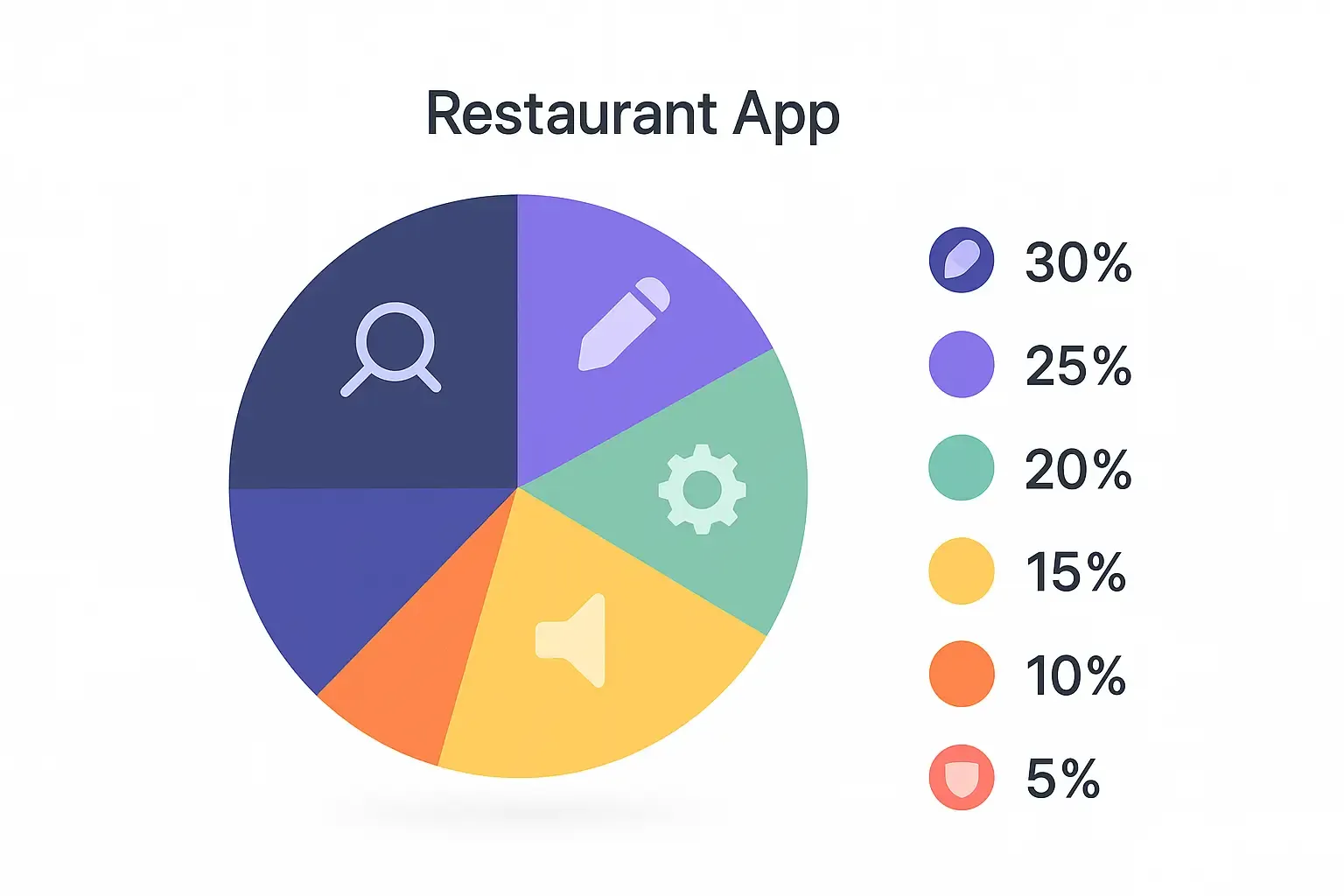 Minimal bar or pie chart showing color-coded budget splits for a restaurant app, with icons for each budget category.