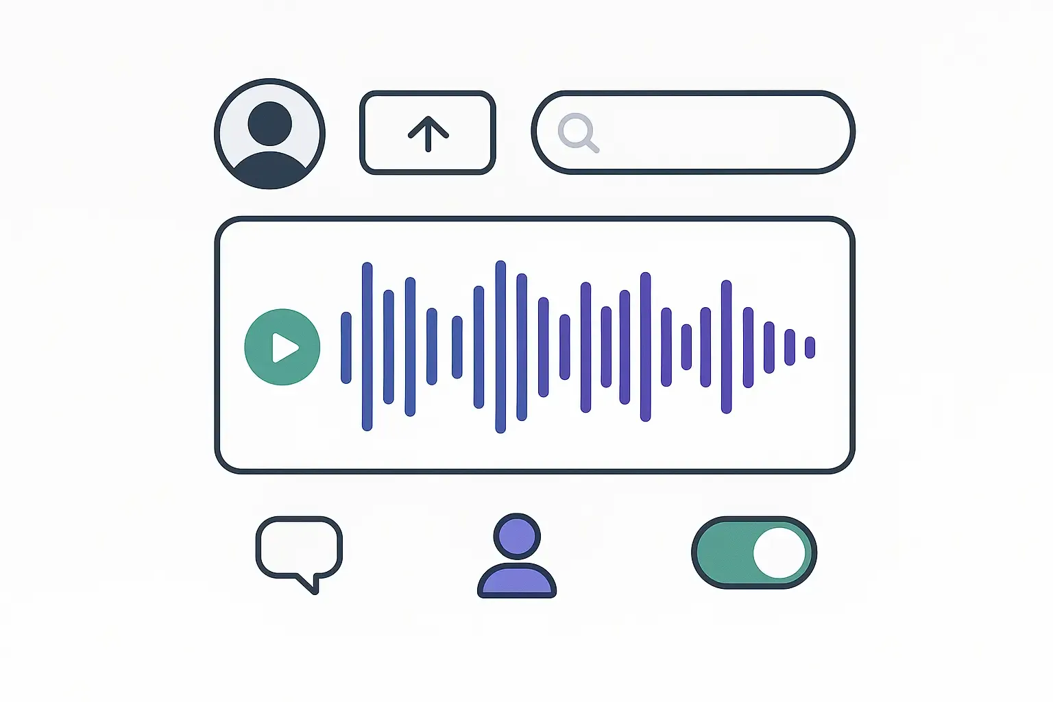 Minimalistic Notion-style app interface showing profiles, music upload, waveform, social icons, search, and monetization tiers.