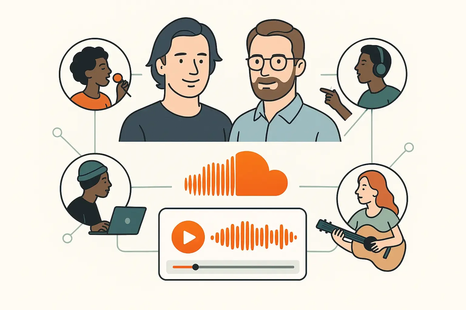 Minimalist illustration of SoundCloud's growth, founders, waveform player, diverse musicians, and social network connections.