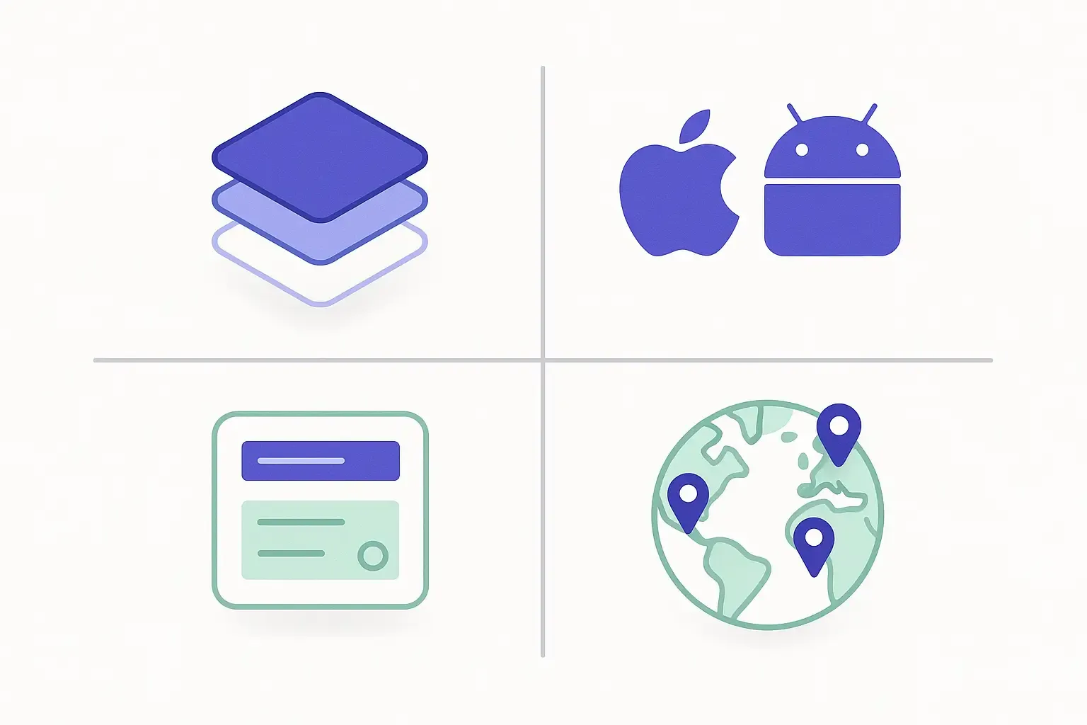 Minimal diagram with icons for app complexity, platform, design, and team location showing factors in app development cost.