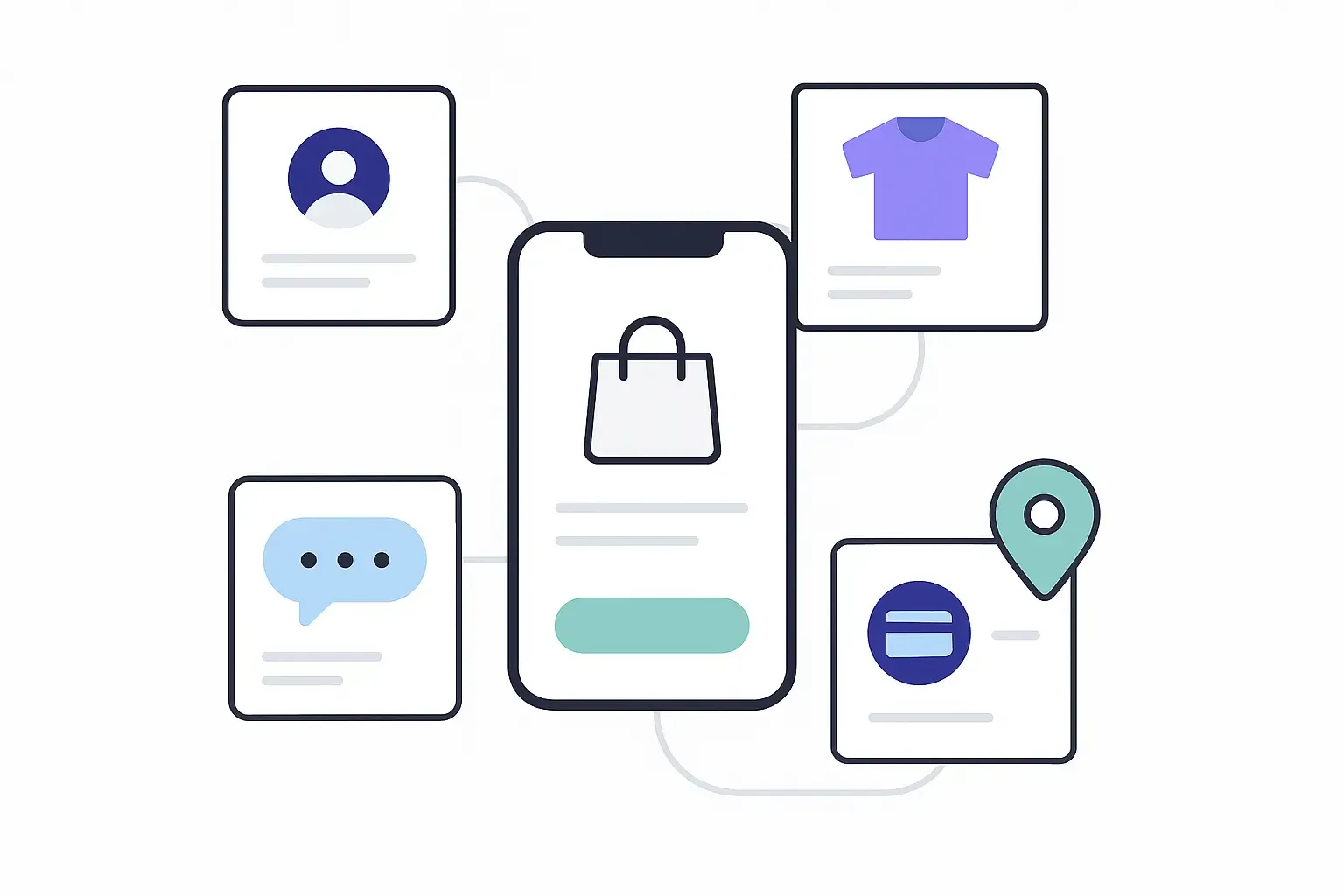 Minimalist diagram of a mobile app with icons for profiles, listings, messaging, payment, and location features.