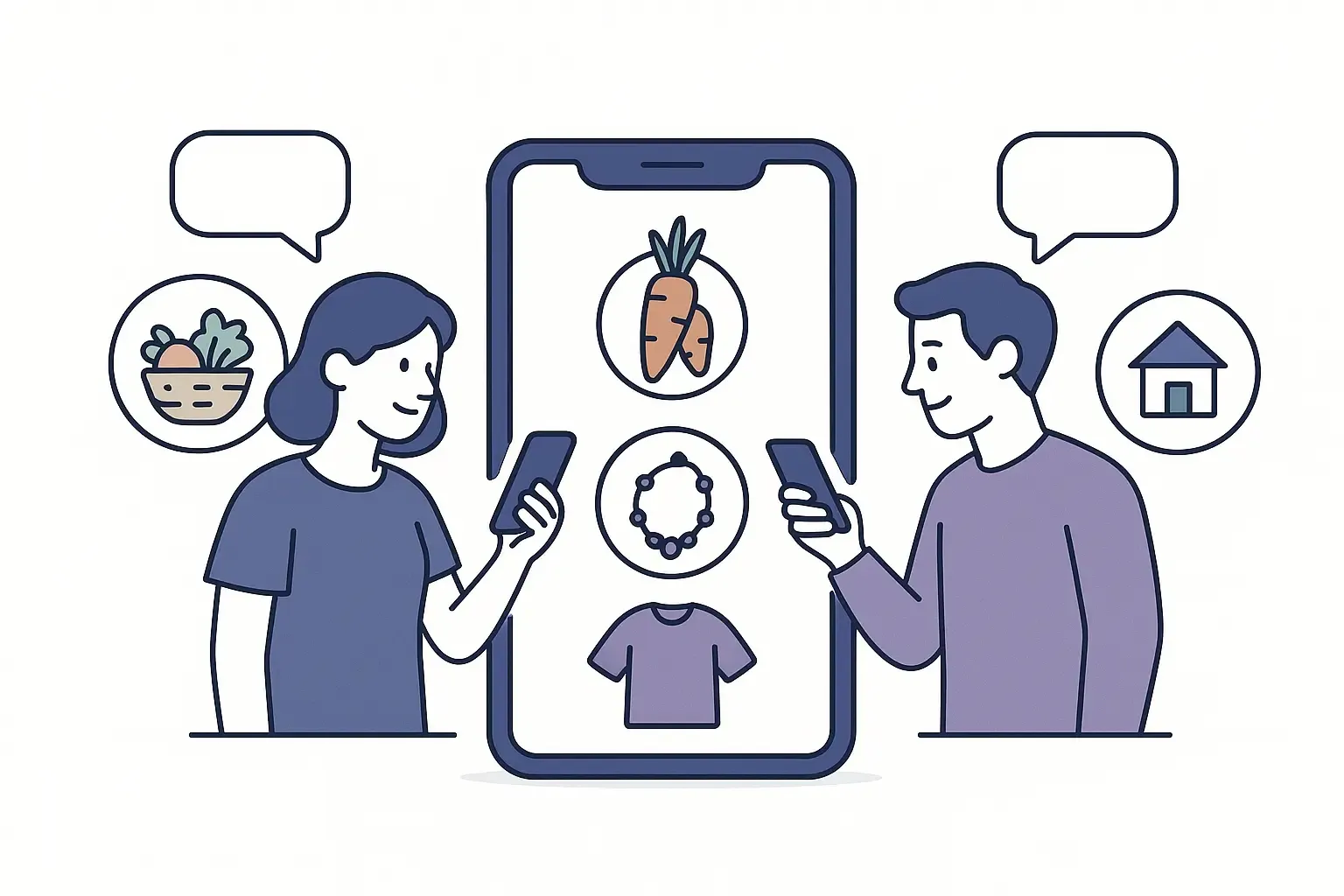 Minimal Notion-style image of buyers and sellers using phones to exchange local goods in a digital marketplace app.