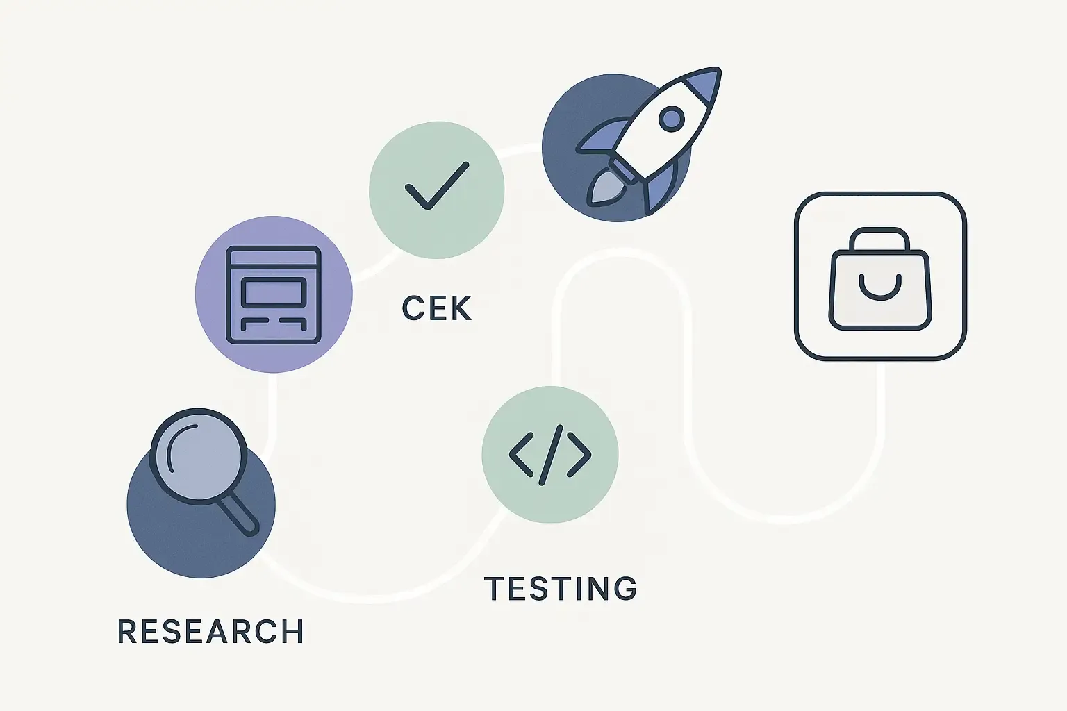 Minimal Notion-style illustration of app development roadmap with steps from research to launch along a connected path.