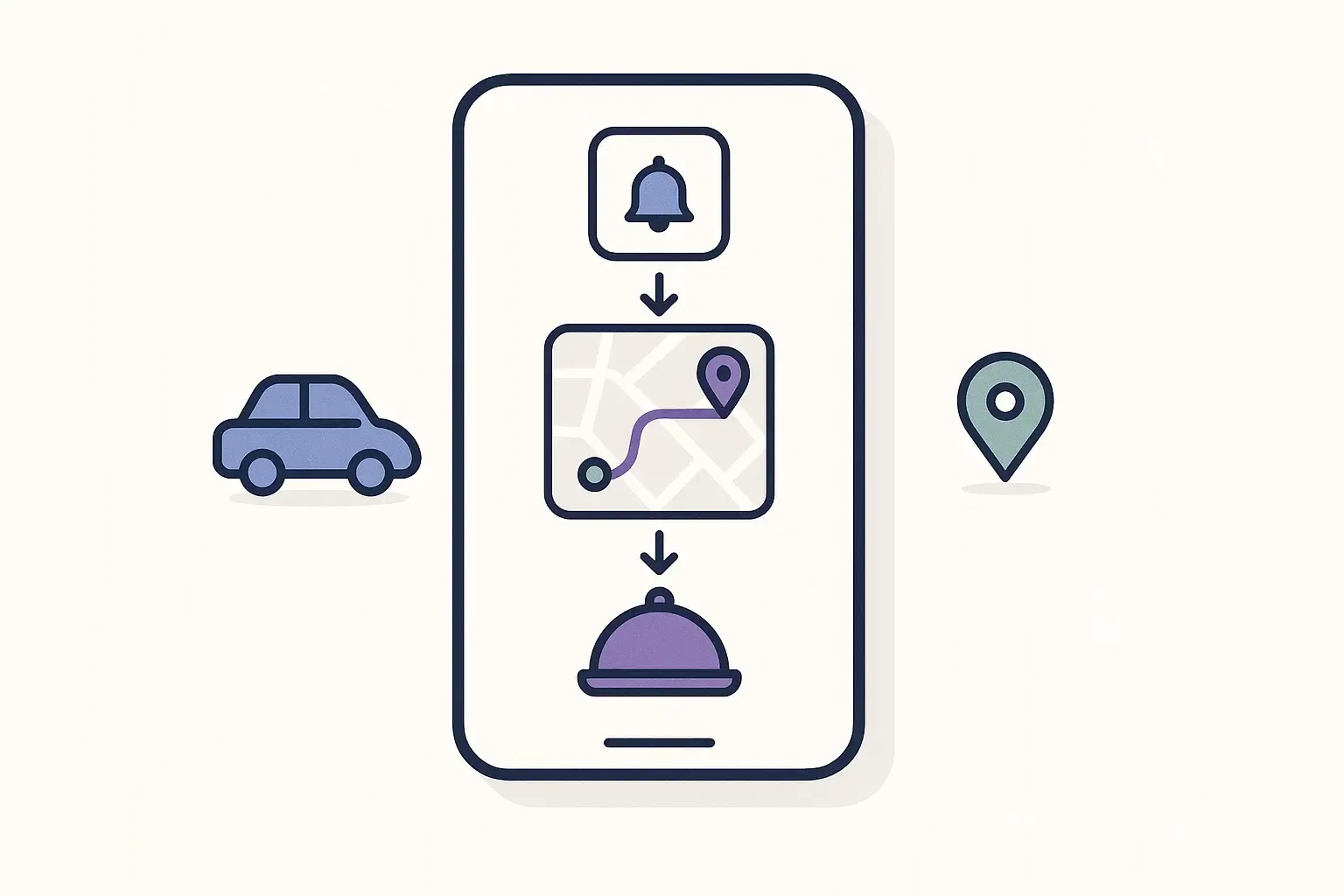 Minimal Notion-style illustration of a delivery app workflow: order, navigation map, pickup, and delivery steps on a phone.