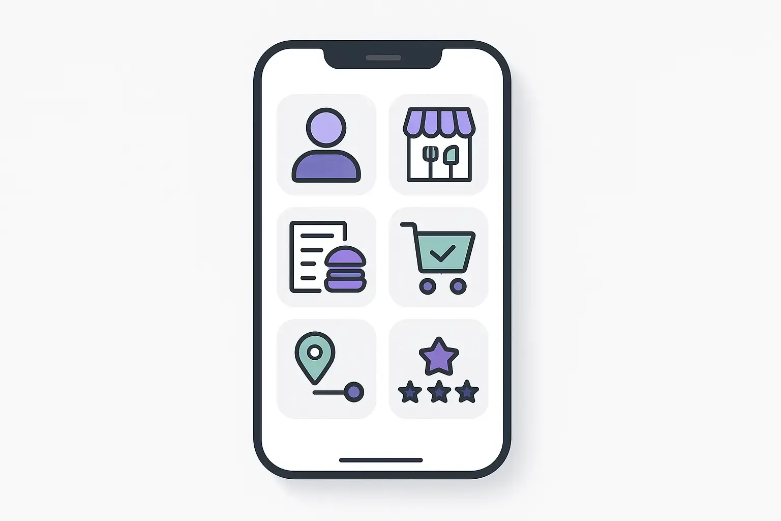 Minimal Notion-style mockup of a smartphone displaying key features of a customer food delivery app interface.