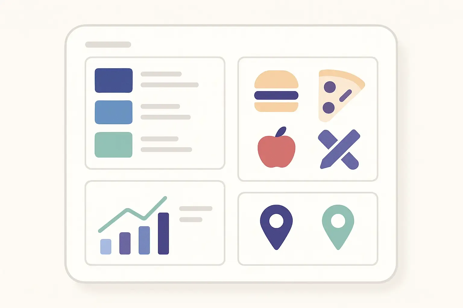 Minimal Notion-style illustration of a restaurant dashboard with order, menu, analytics, and delivery sections.
