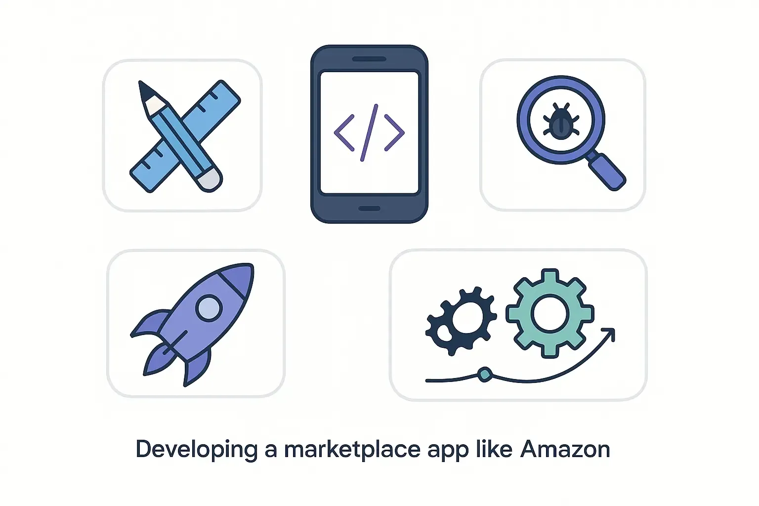 Minimal infographic showing marketplace app cost categories with icons for design, development, testing, launch, and post-launch.