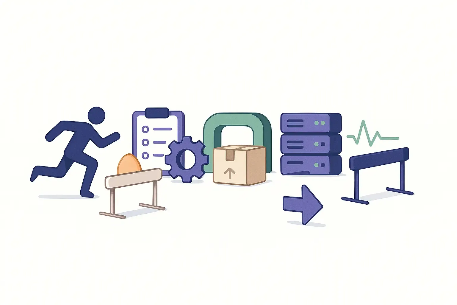 Minimalist illustration of a hurdle race course with five obstacles, each representing a challenge for new marketplace apps.
