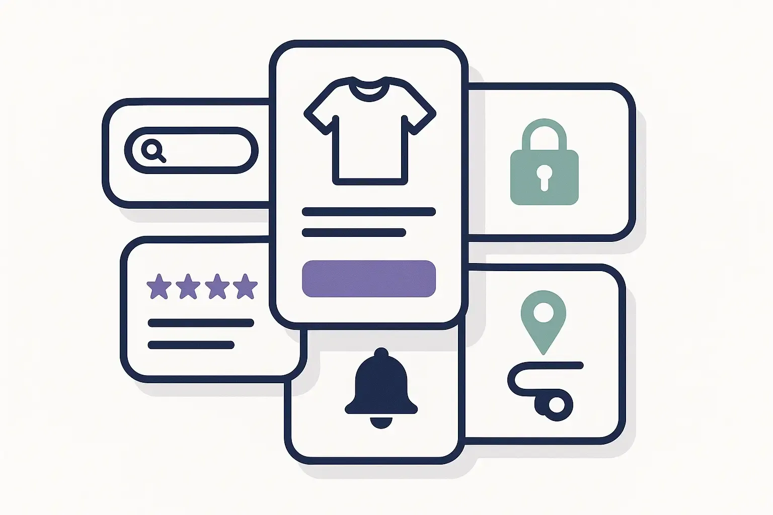 Minimalist stack of app screens showing search, payment, reviews, notifications, and order tracking for an ecommerce app.