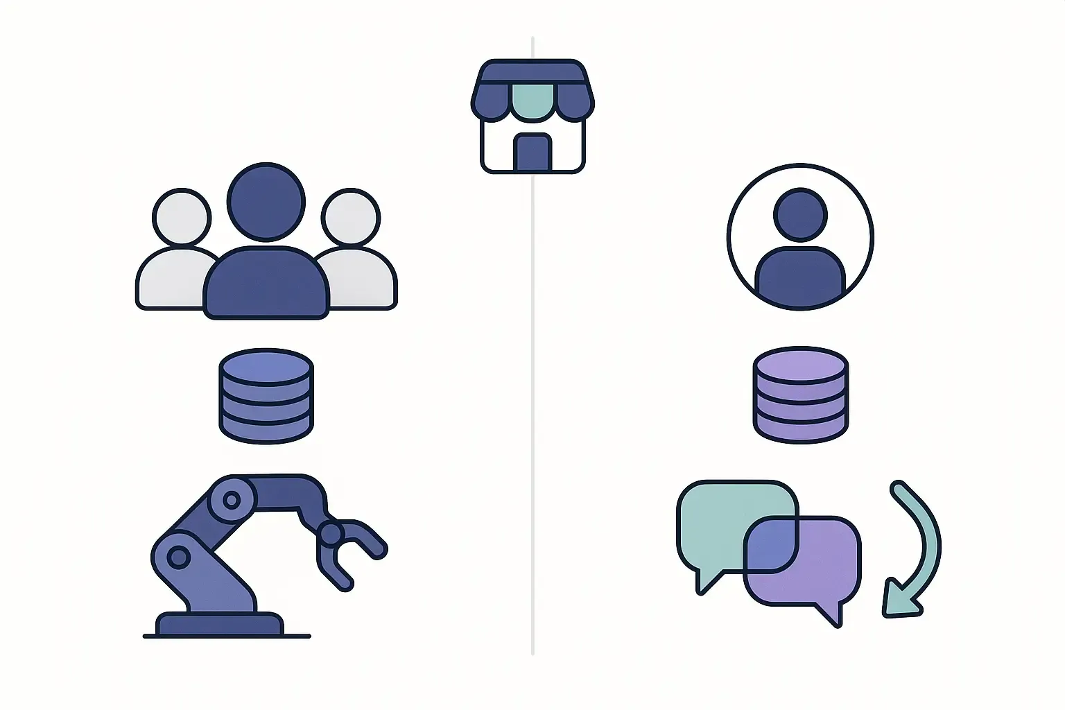 Minimal Notion-style split image comparing in-house and outsourcing development with icons for team, cost, communication, flexibility.