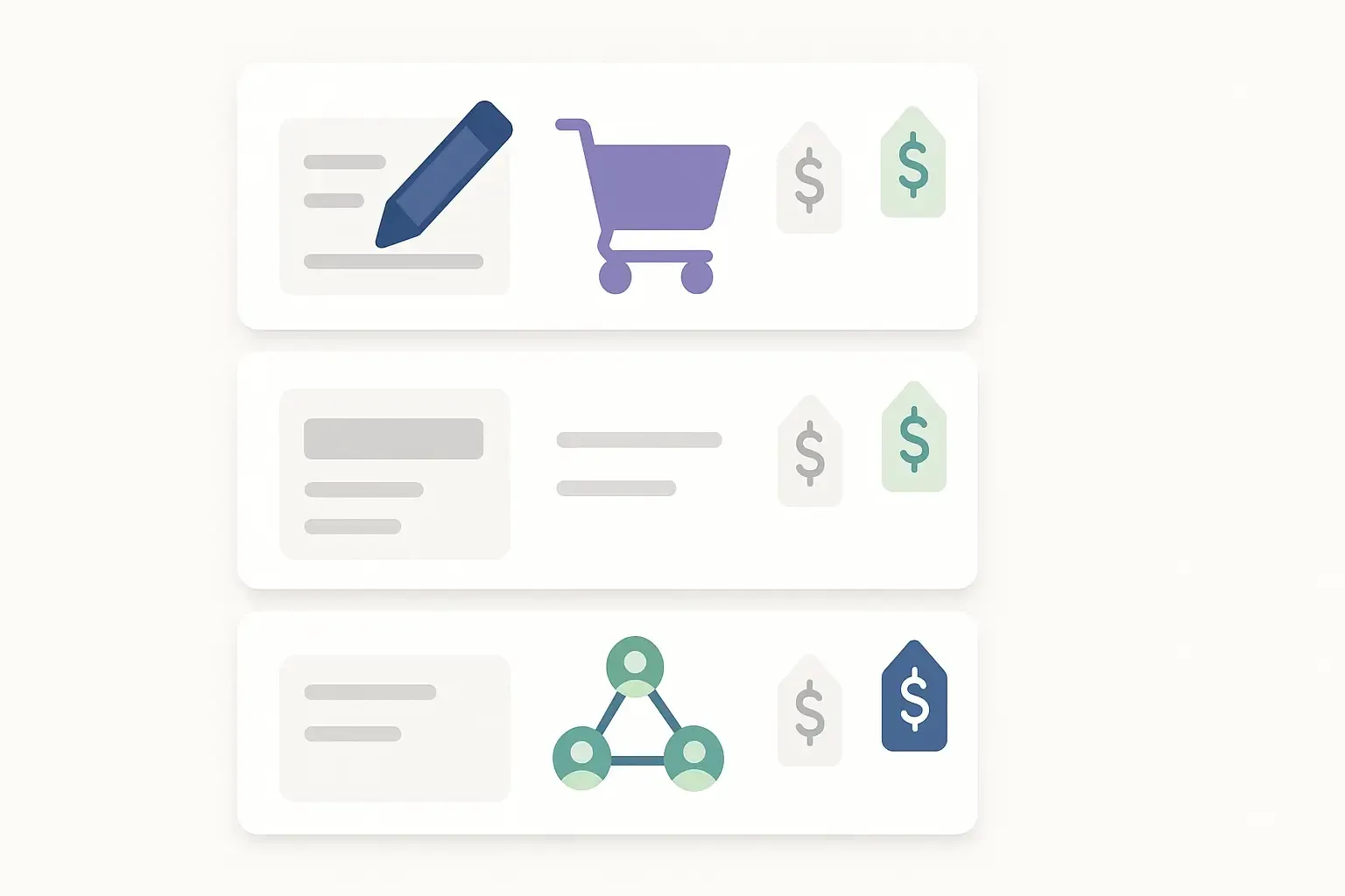 Infographic with three cards: CMS, e-commerce, social network; icons show features and cost levels in a clean, minimal style.
