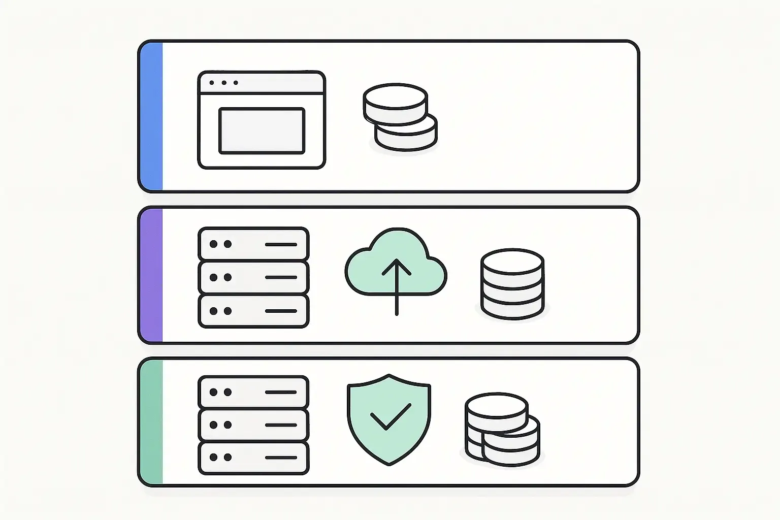 Minimalist diagram compares basic, mid-tier, and enterprise web hosting tiers with icons for features and monthly costs.
