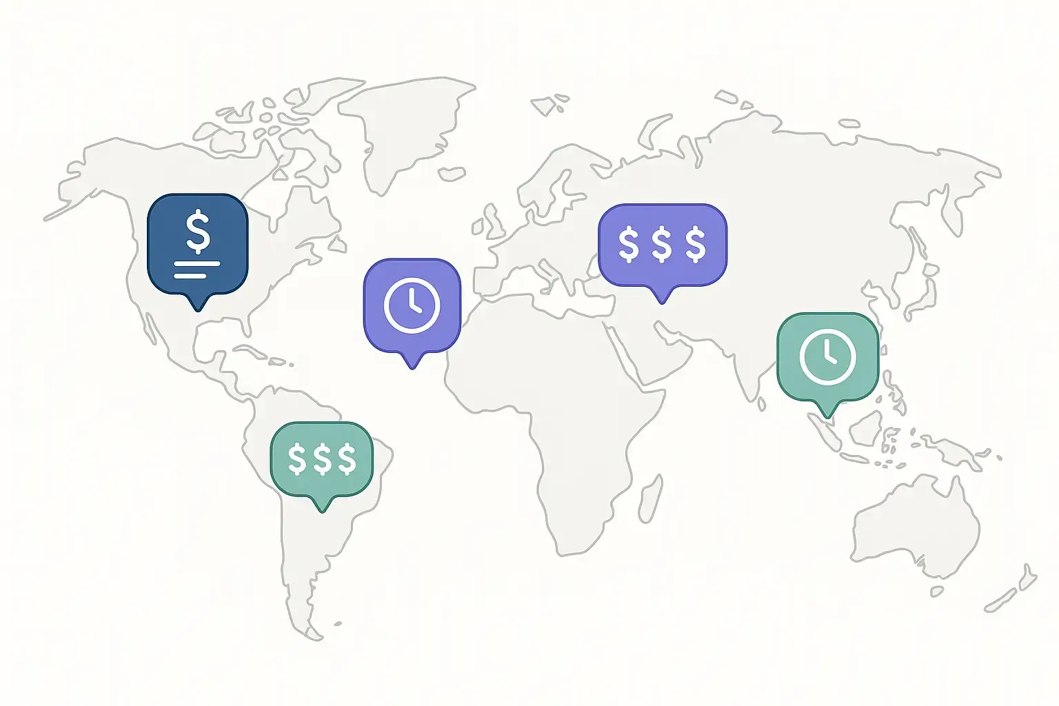 Minimal world map with icons highlighting web developer rate ranges in North America, Europe, Asia, and South America.