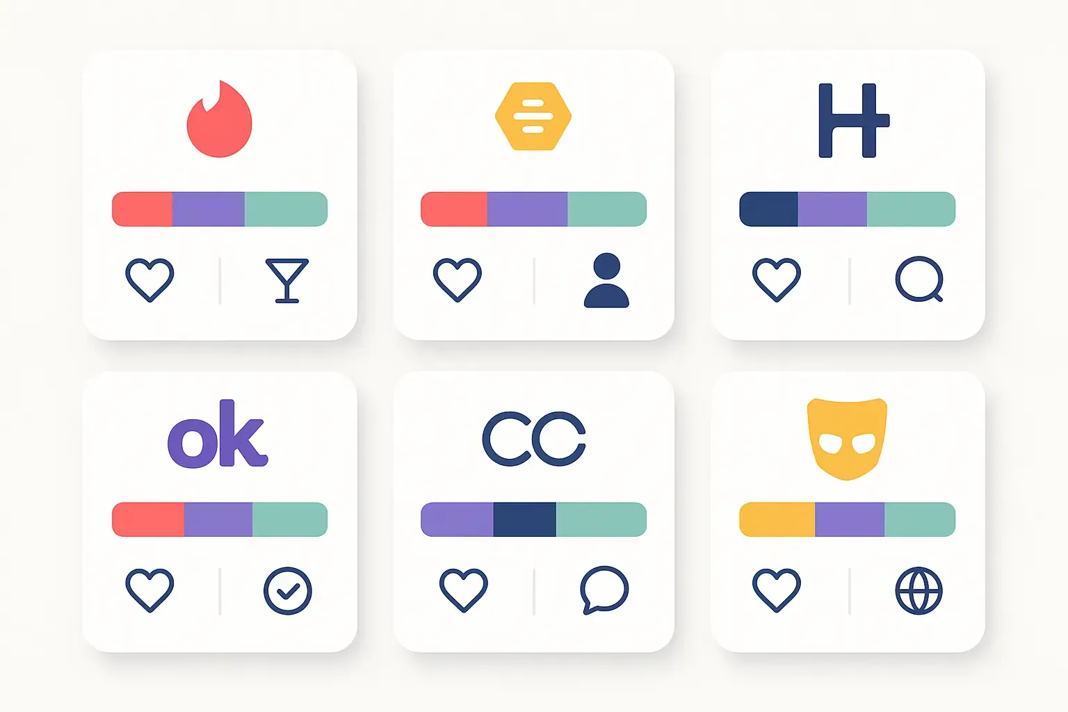 Minimal Notion-style segmented infographic of user demographics for Tinder, Bumble, Hinge, OkCupid, and Grindr.