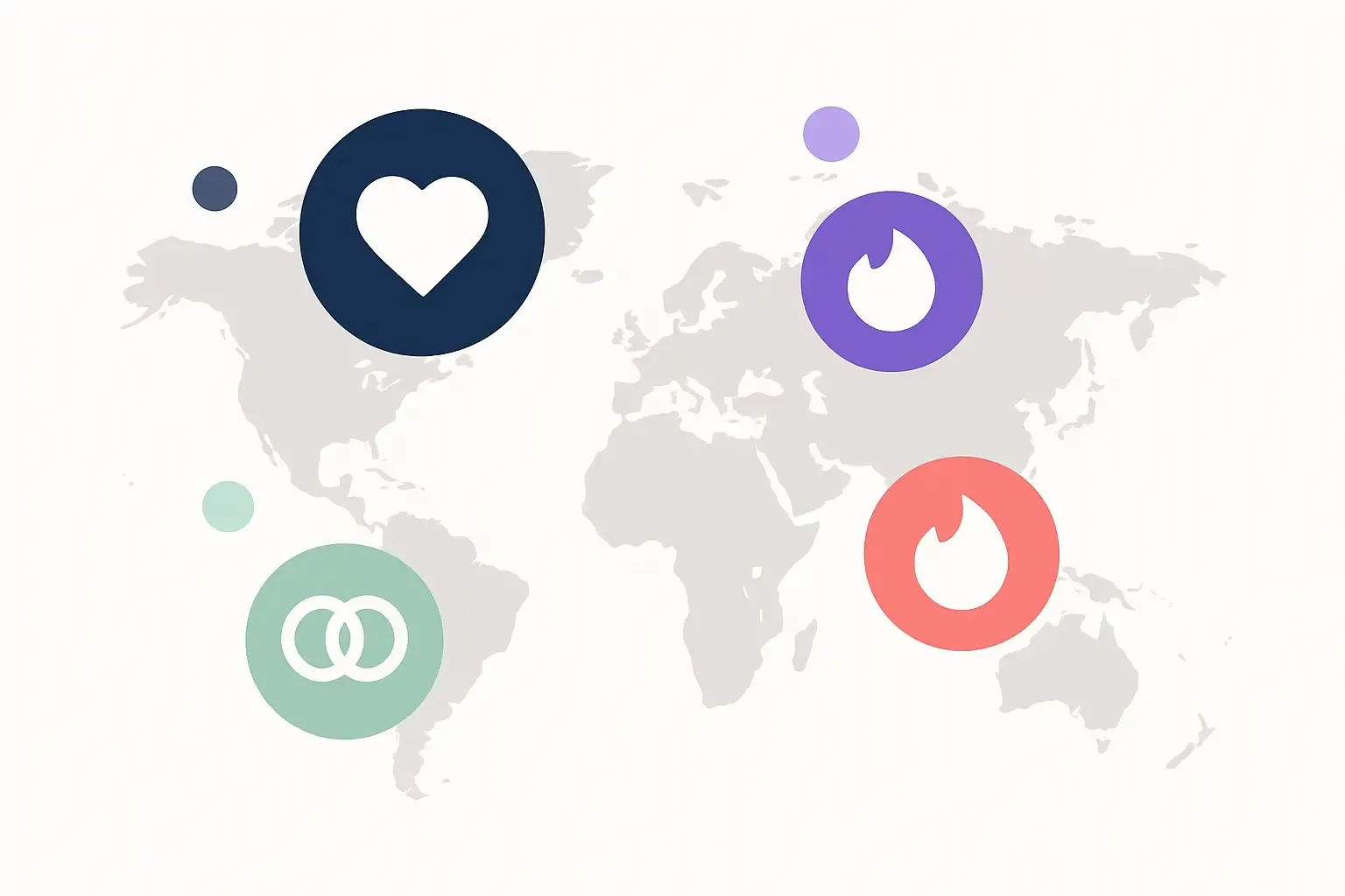 Minimalist illustration of global dating app market with app icons sized by share and placed by region on a clean world map.
