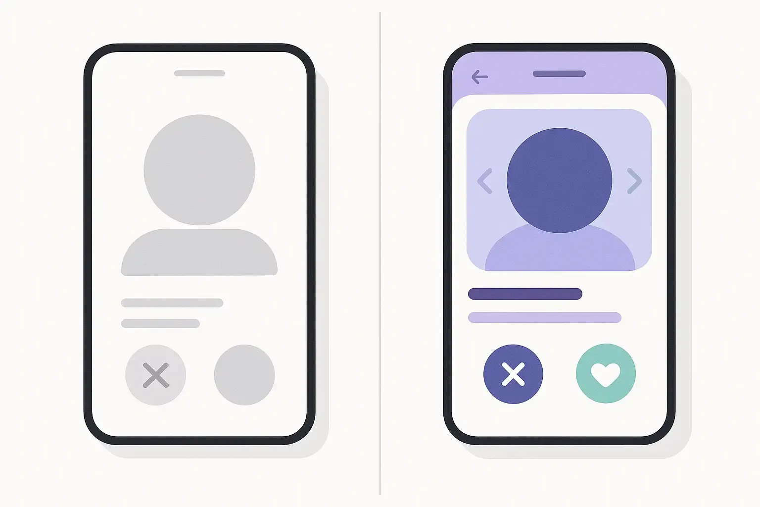 Split image of basic vs advanced dating app UIs, highlighting differences in design complexity and branding.