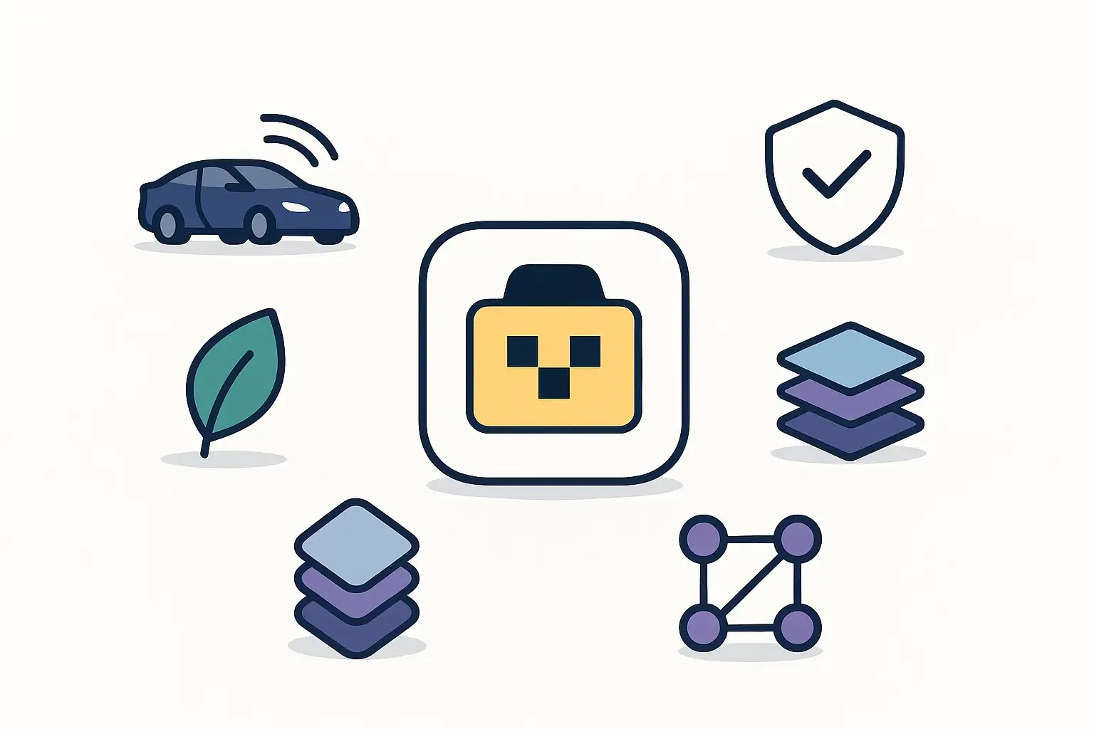 Minimal illustration of a taxi app icon surrounded by icons for autonomous cars, sustainability, super-apps, safety, and blockchain.