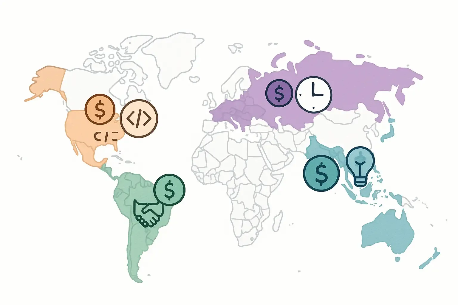 Minimal world map with colored overlays highlighting main software outsourcing regions and icons for cost and strengths.