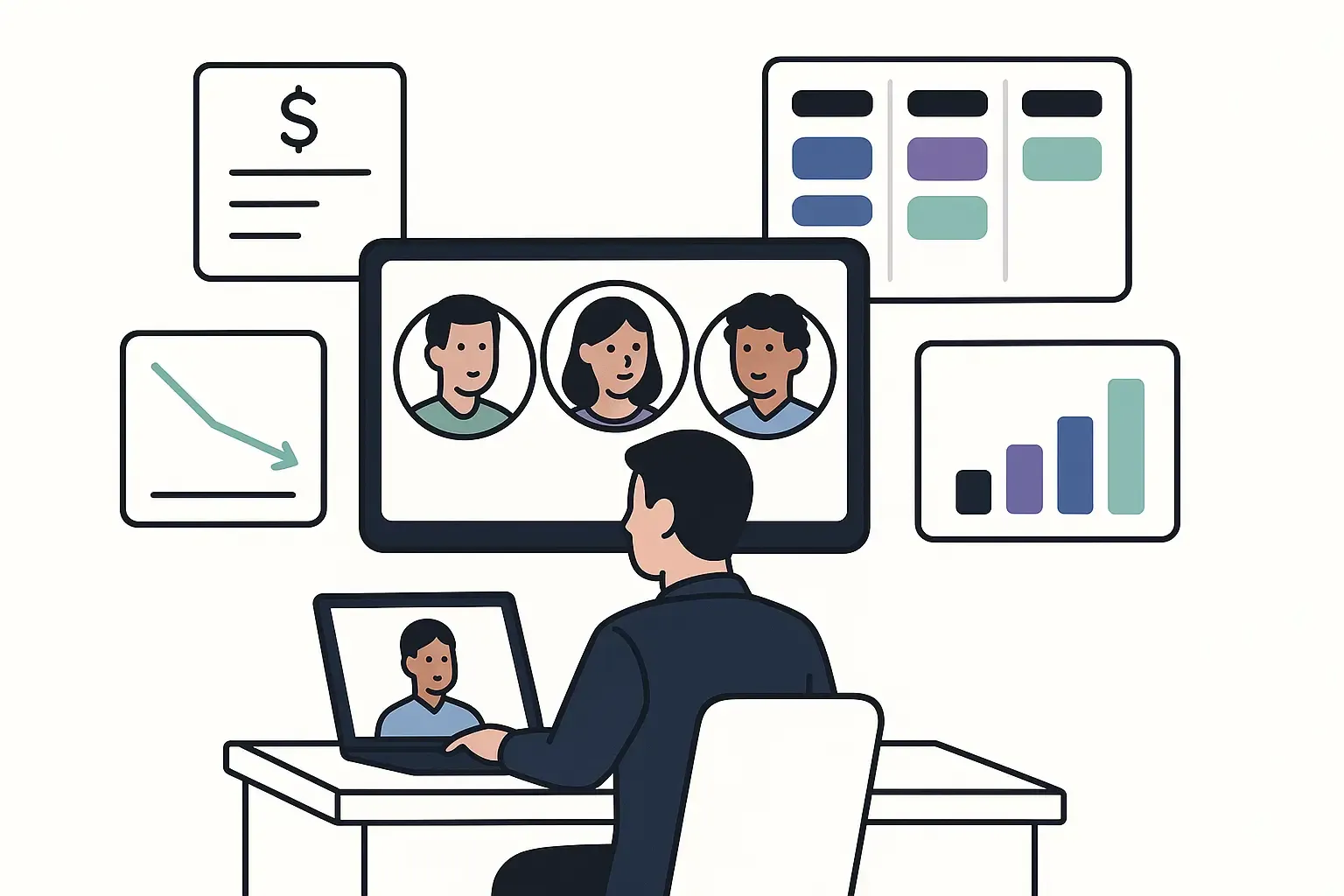 Minimal Notion-style illustration of a professional video conferencing with an outsourced team, budget docs, and progress charts.