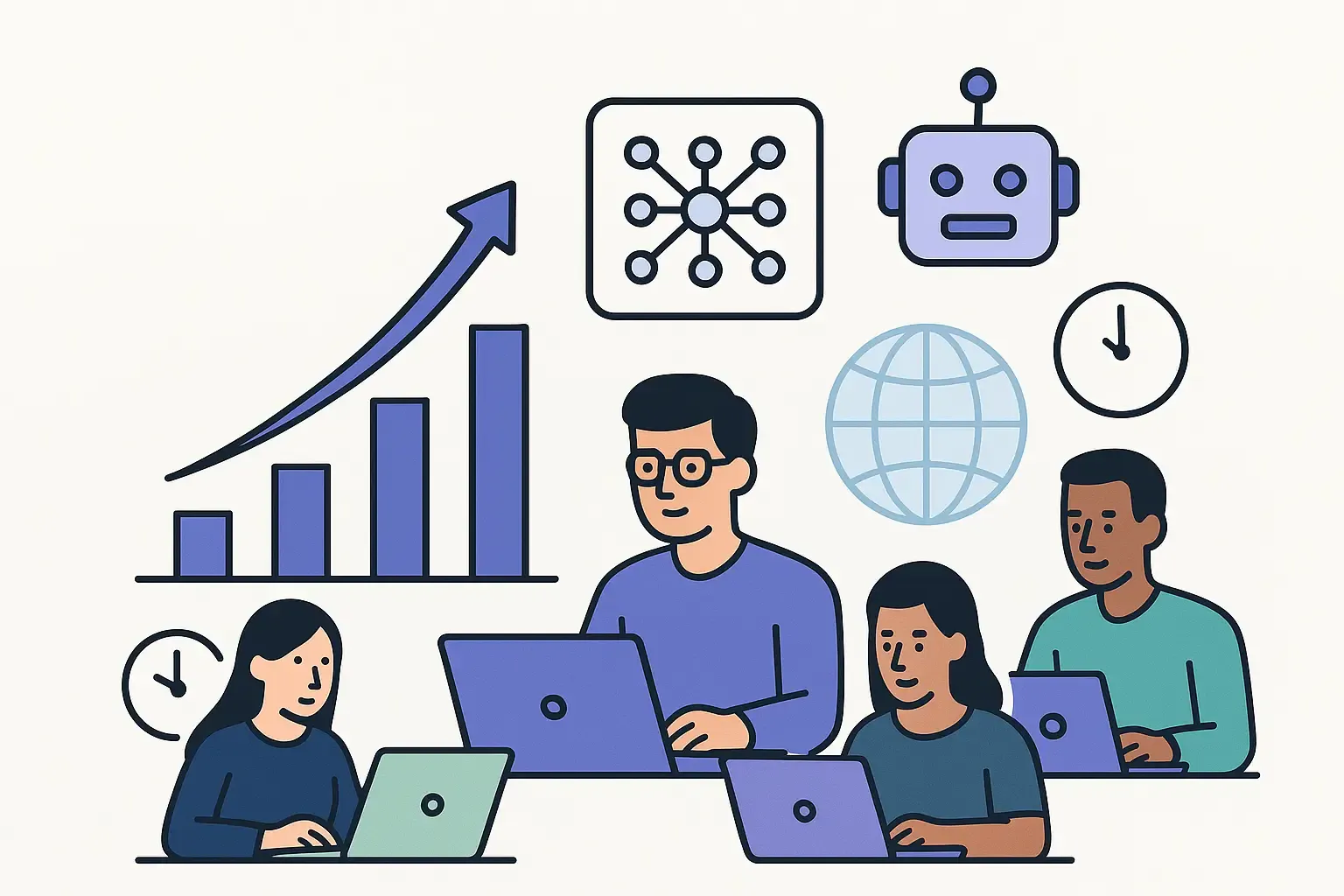 Minimalist illustration of rising arrows, AI icons, and remote developers in different time zones for outsourcing trends.
