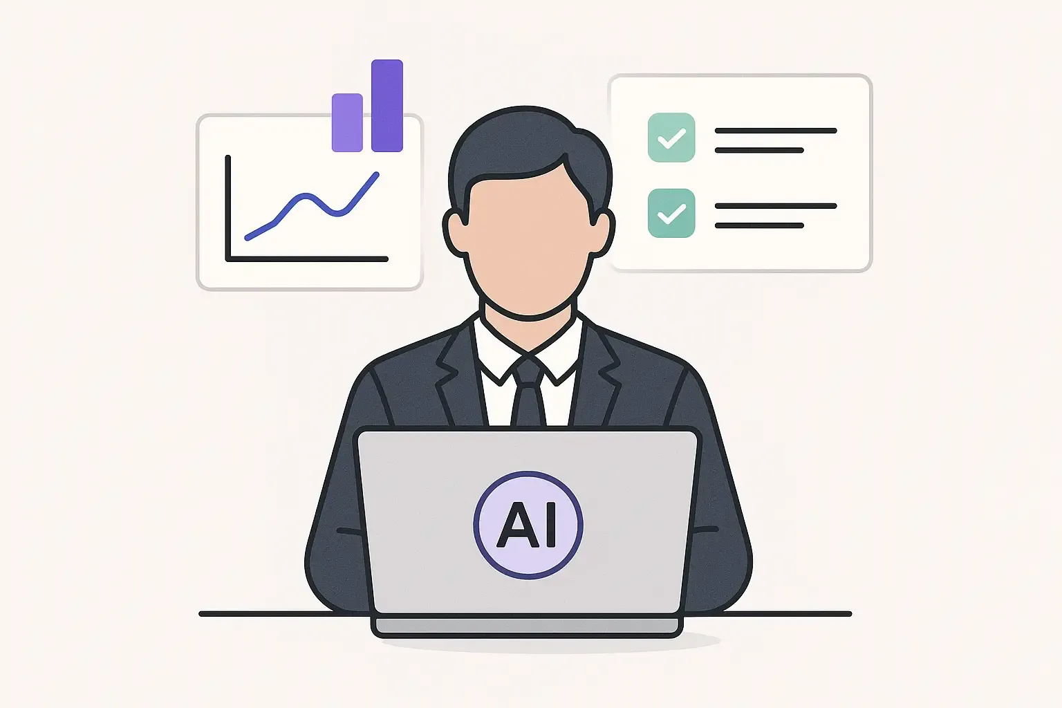 Business person using AI estimation tool on laptop with floating graphs and checklists, symbolizing precise cost analysis.