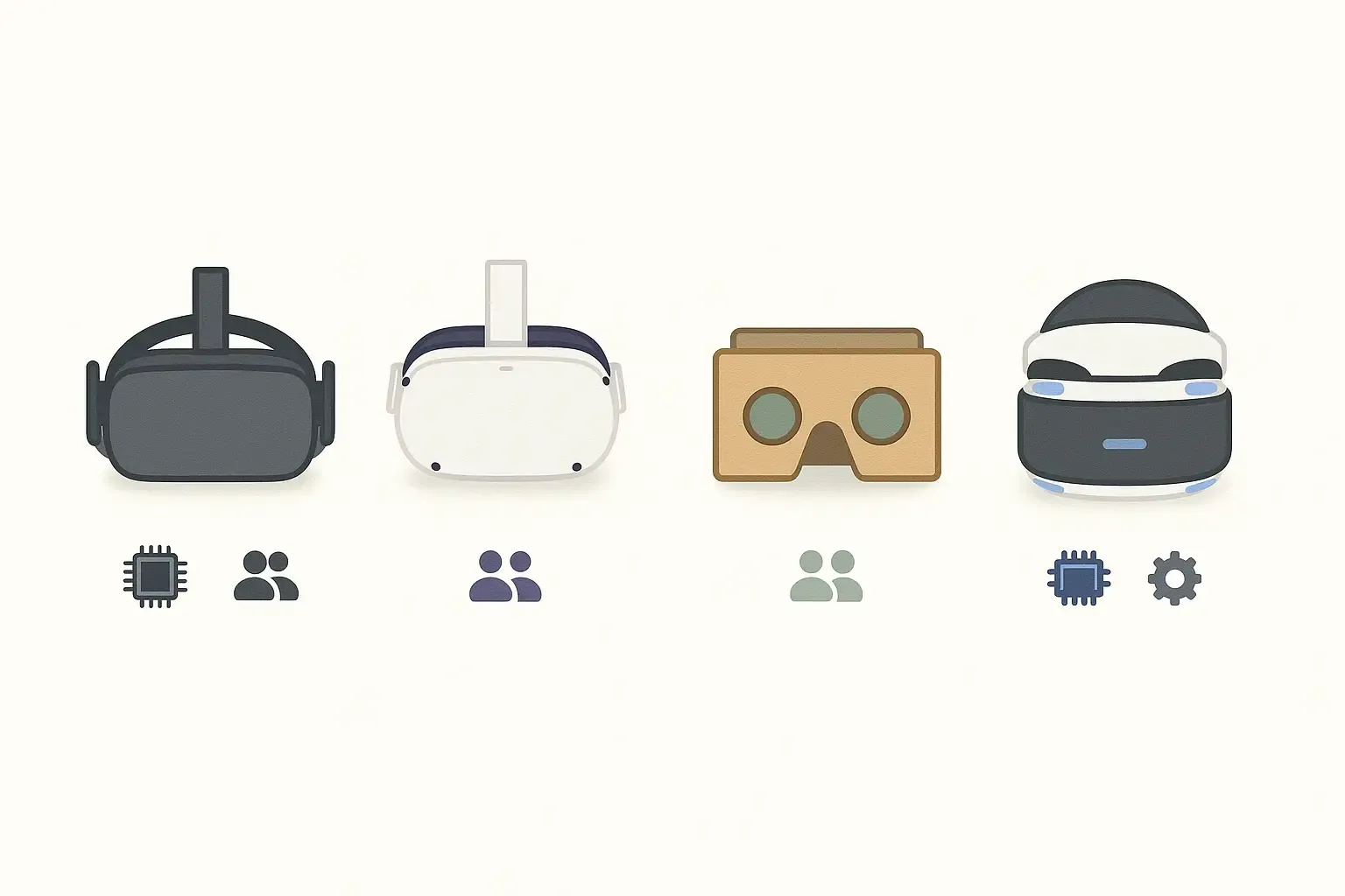 Minimal Notion-style graphic comparing PC VR, standalone, mobile, and PlayStation VR headsets with hardware and user icons.